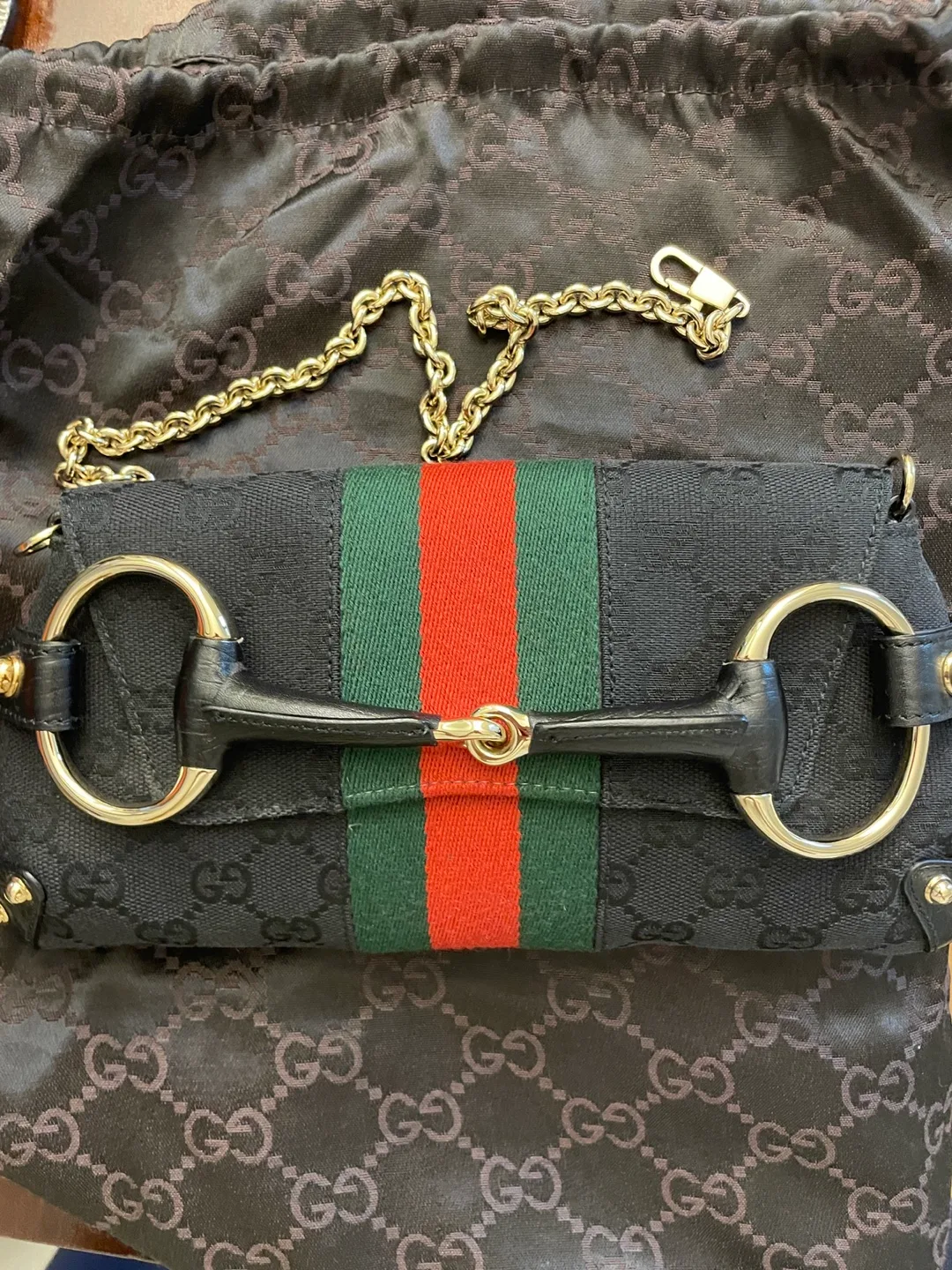 Authentic Gucci Black Canvas Horsebit with Chain Bag thumbnail