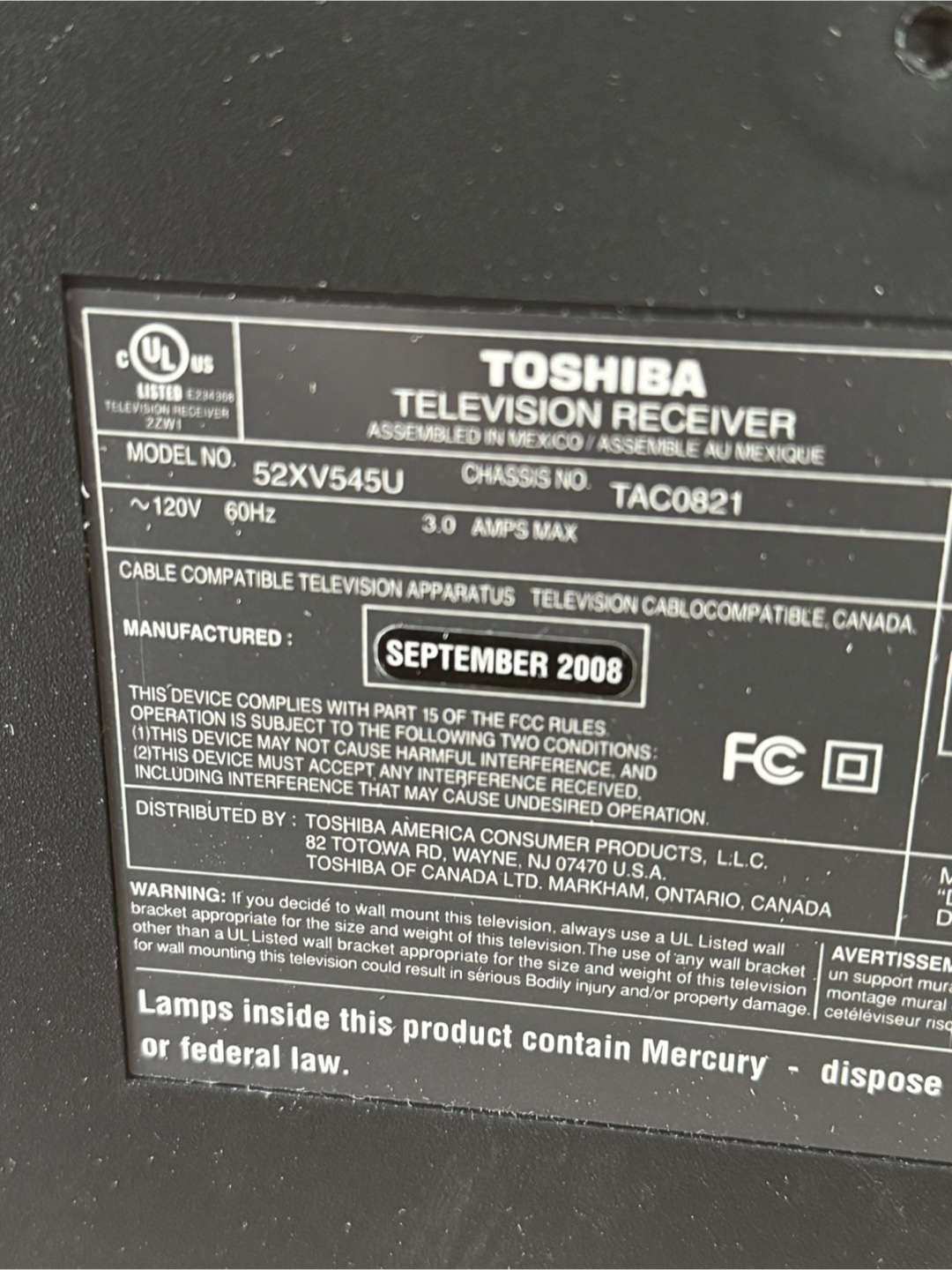 Toshiba 52XV545U Television Receiver - photo 2
