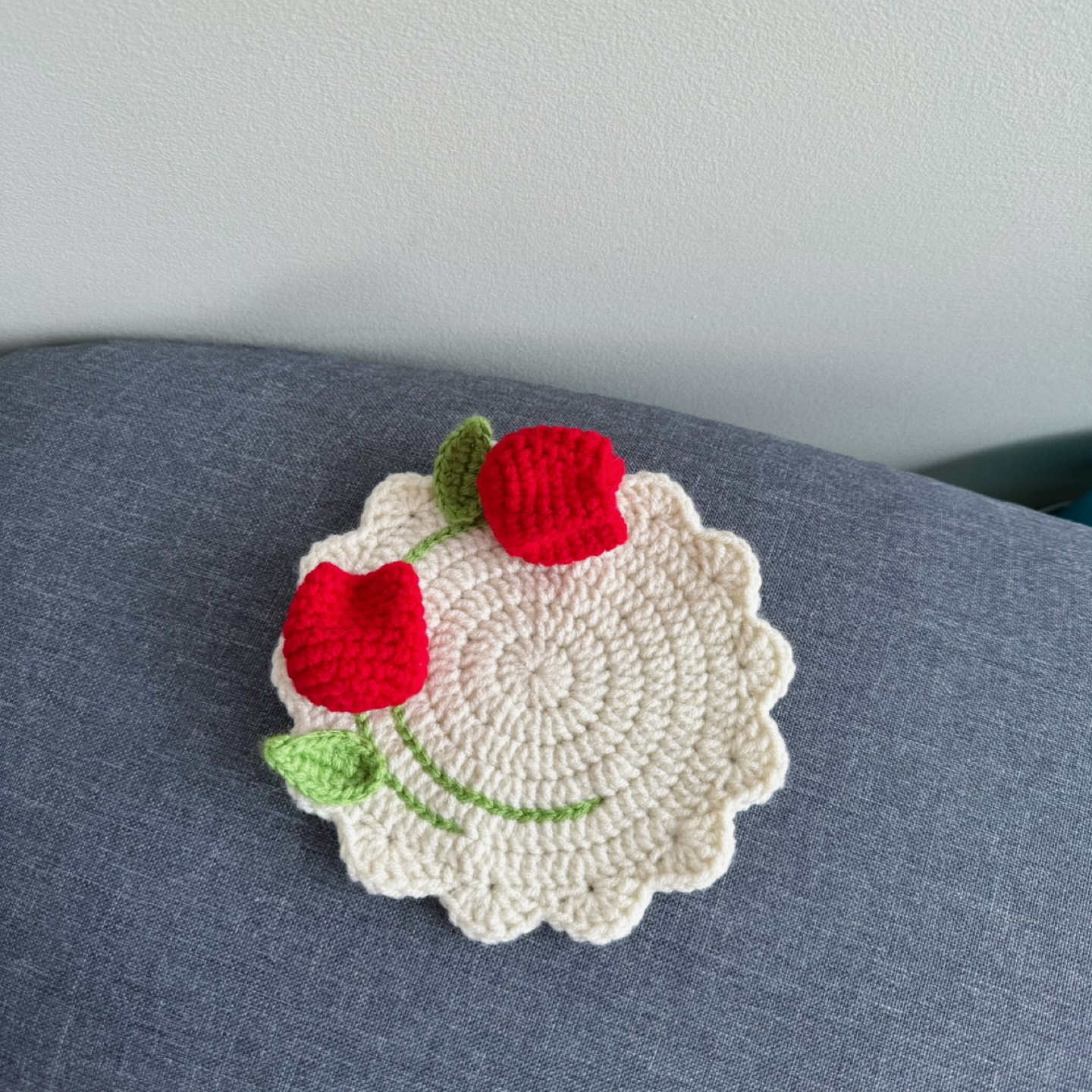 Handmade Crochet Coaster with 3D Red Tulips