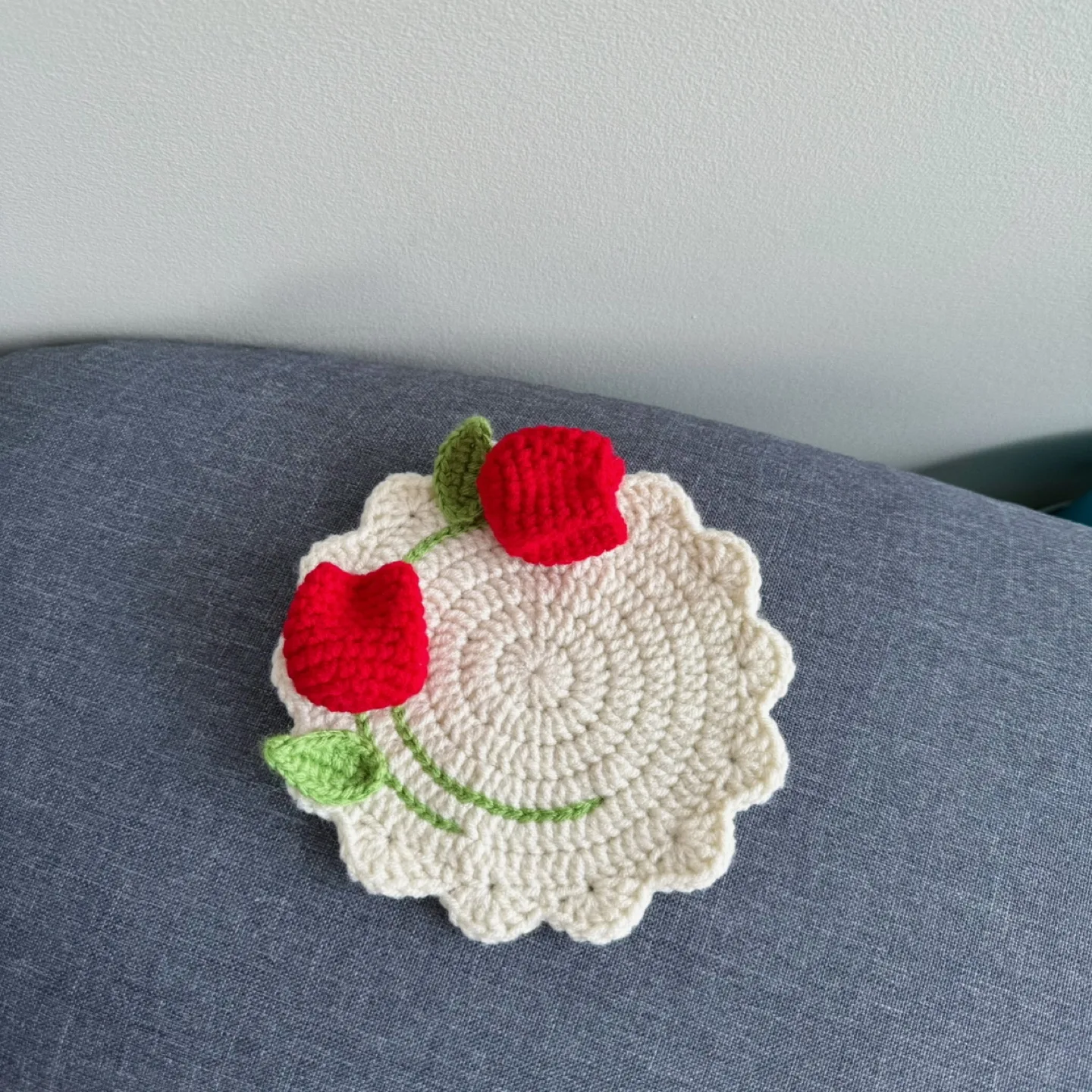 Handmade Crochet Coaster with 3D Red Tulips thumbnail