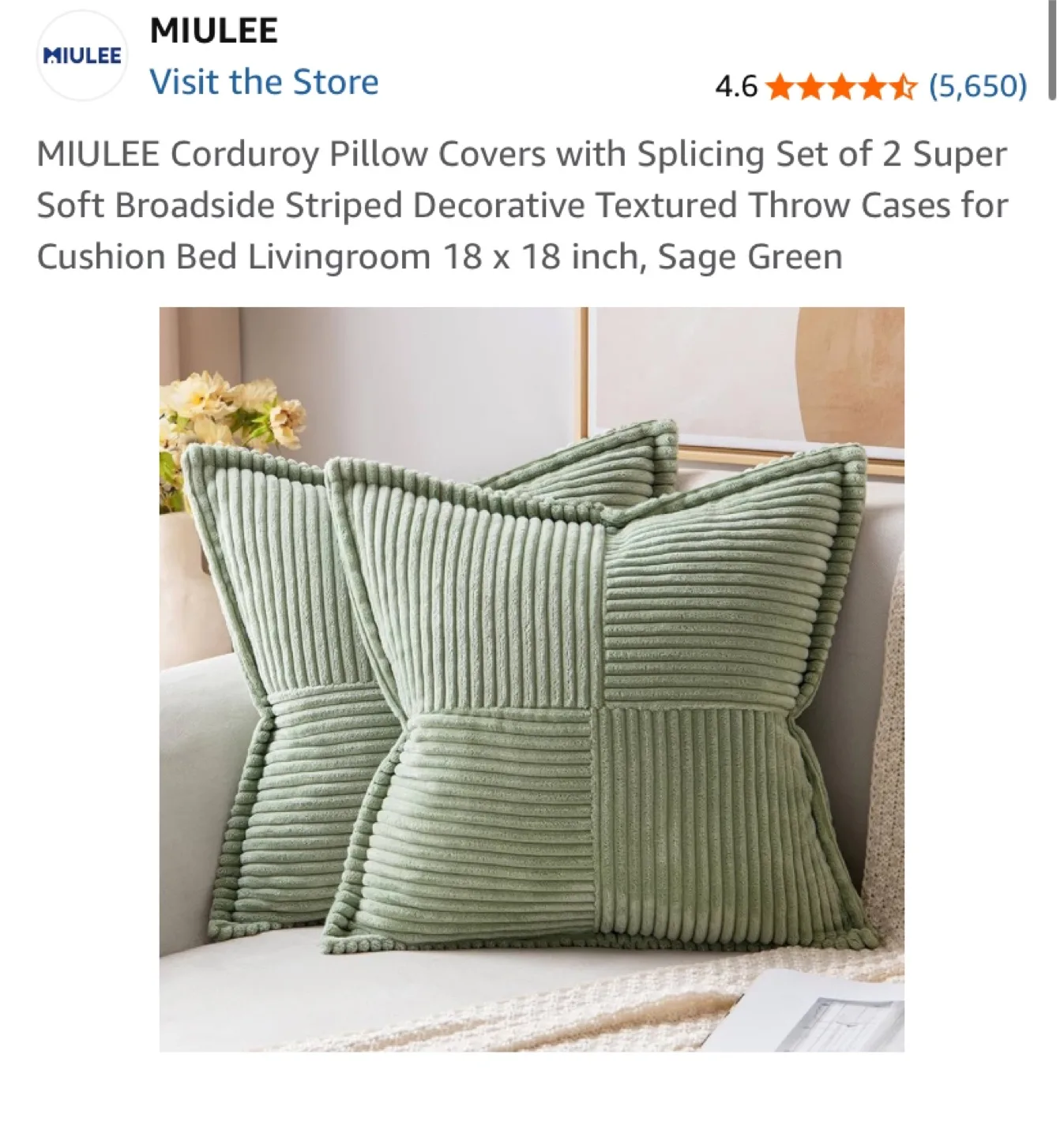 Corduroy Sage Green Pillow COVERS (Set of 2) thumbnail