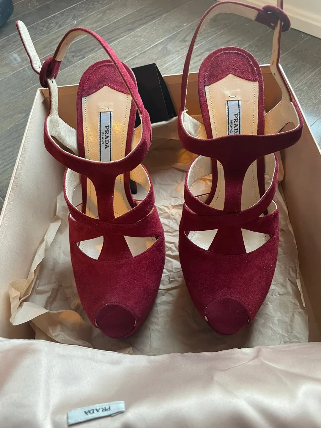 Prada Ruby Red  Suede Platform Heels - Size 39