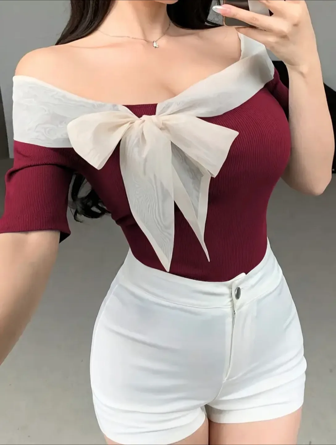 Burgundy Off-Shoulder Top with Bow - Size S thumbnail