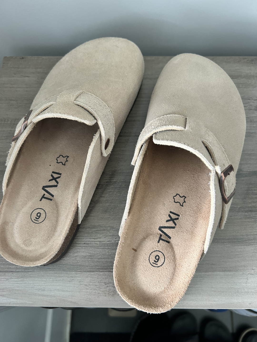 Taxi Beige Suede Clogs - Size 9