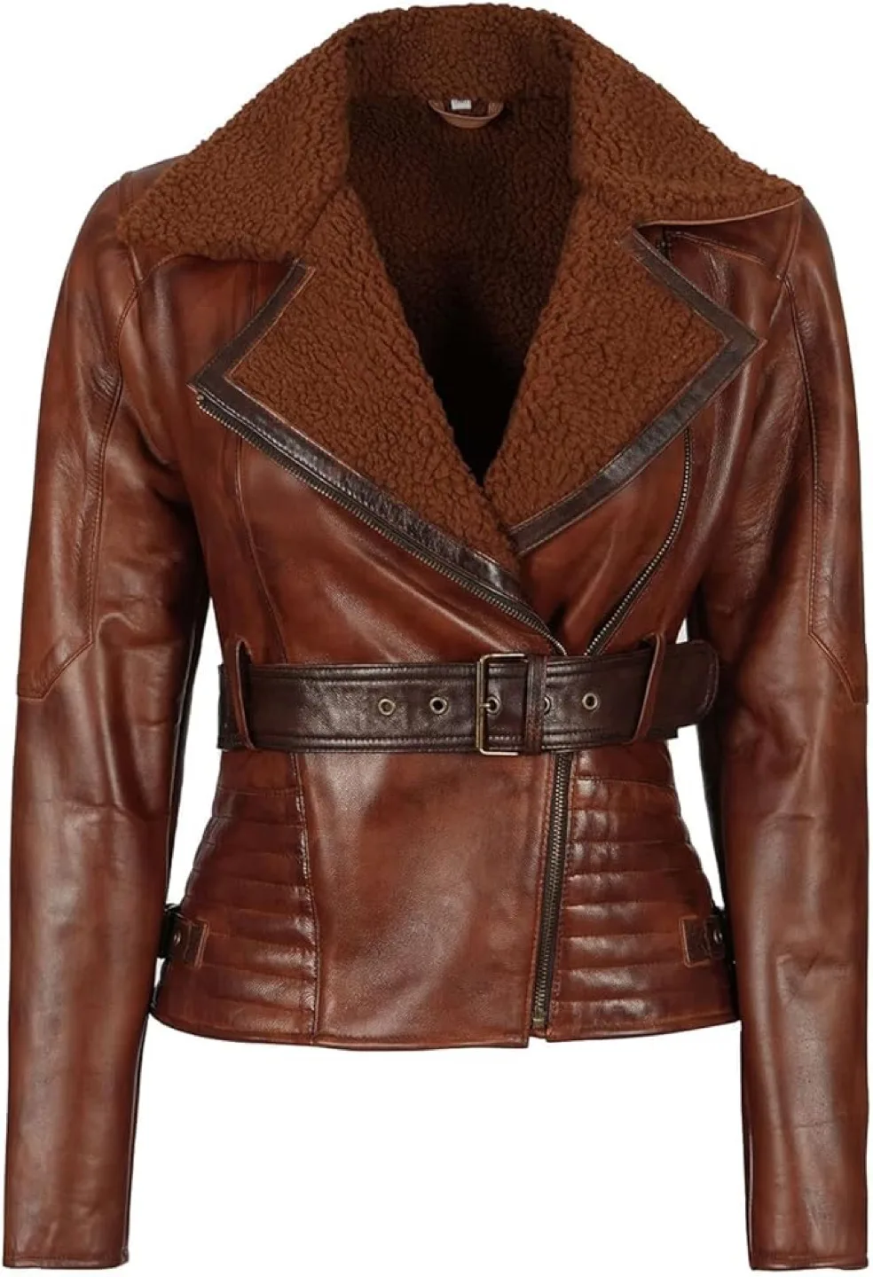 Brand New Women's Brown Genuine Leather Jacket Belted-M thumbnail