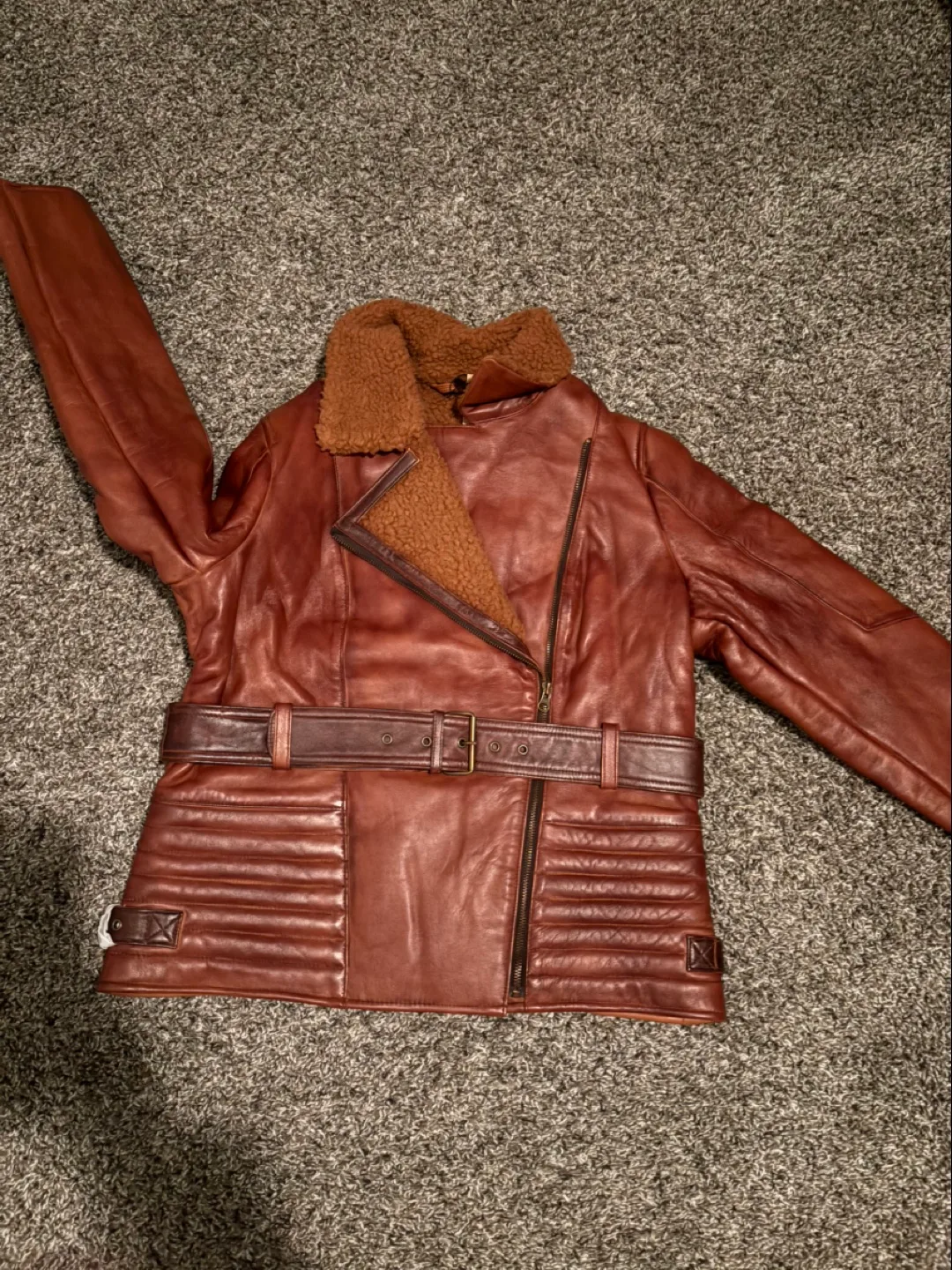 Brand New Women's Brown Genuine Leather Jacket Belted-M image indicator(3)