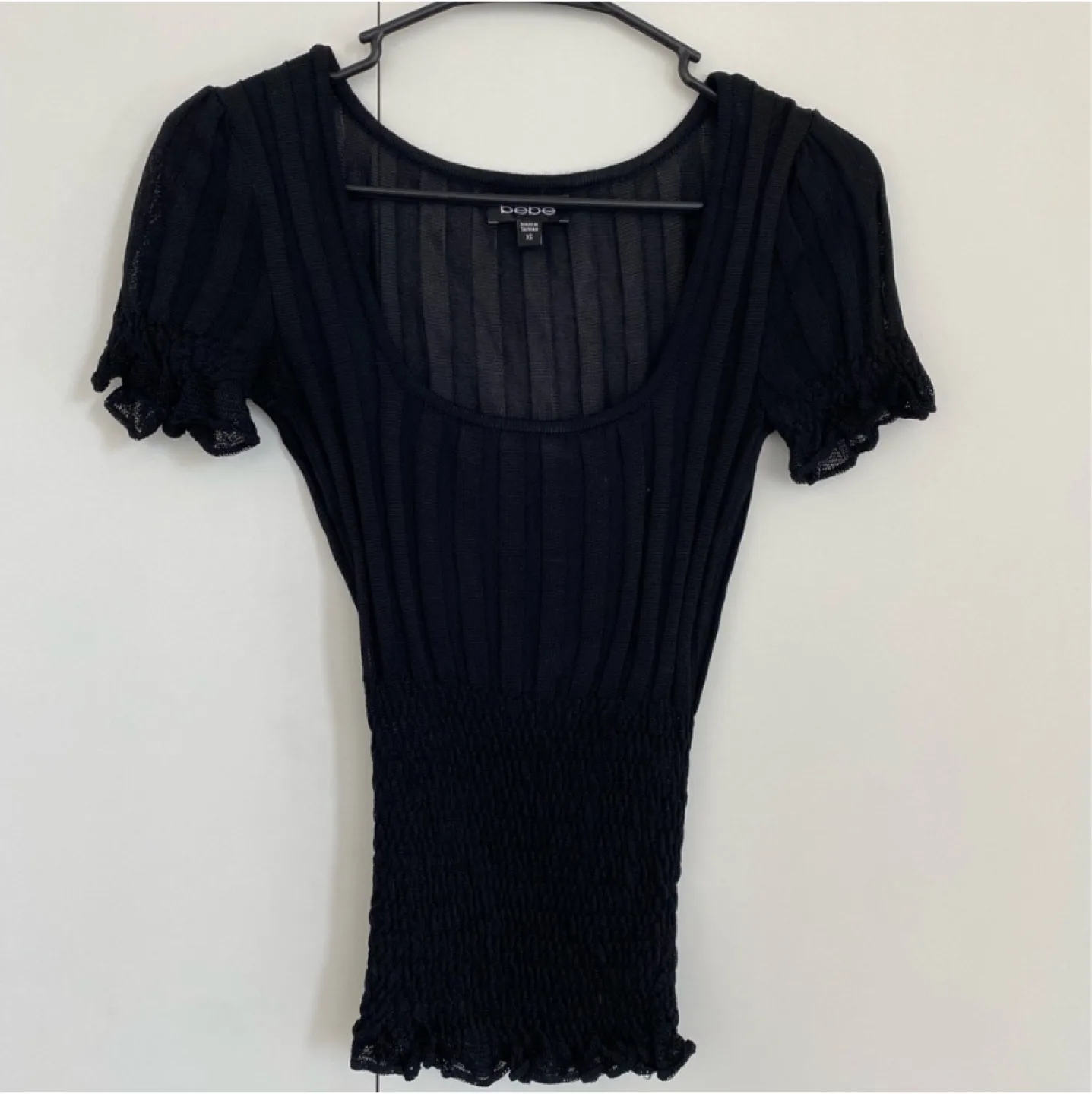 y2k Bebe Black Ribbed Puff Sleeve Smocked Waist Top Size XS thumbnail