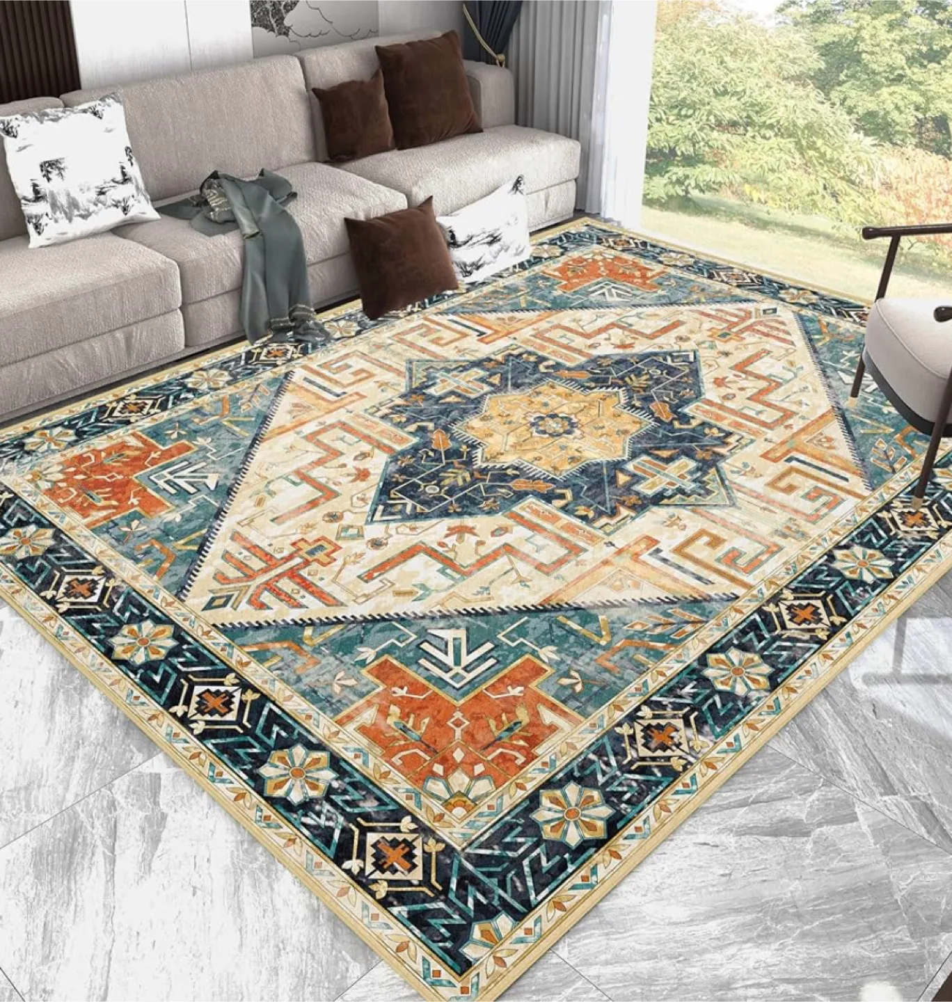 Area Rug, 8x10, Blue/Orange/Beige thumbnail