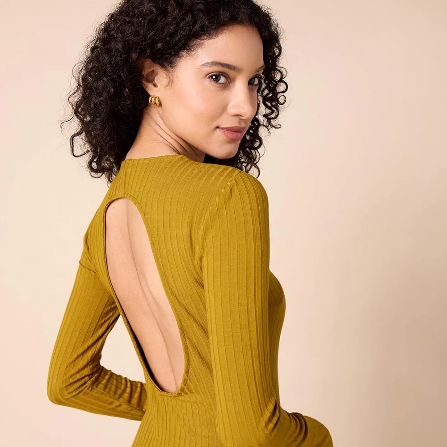 New Wide Ribbed Halter Long Sleeve Dress-L thumbnail