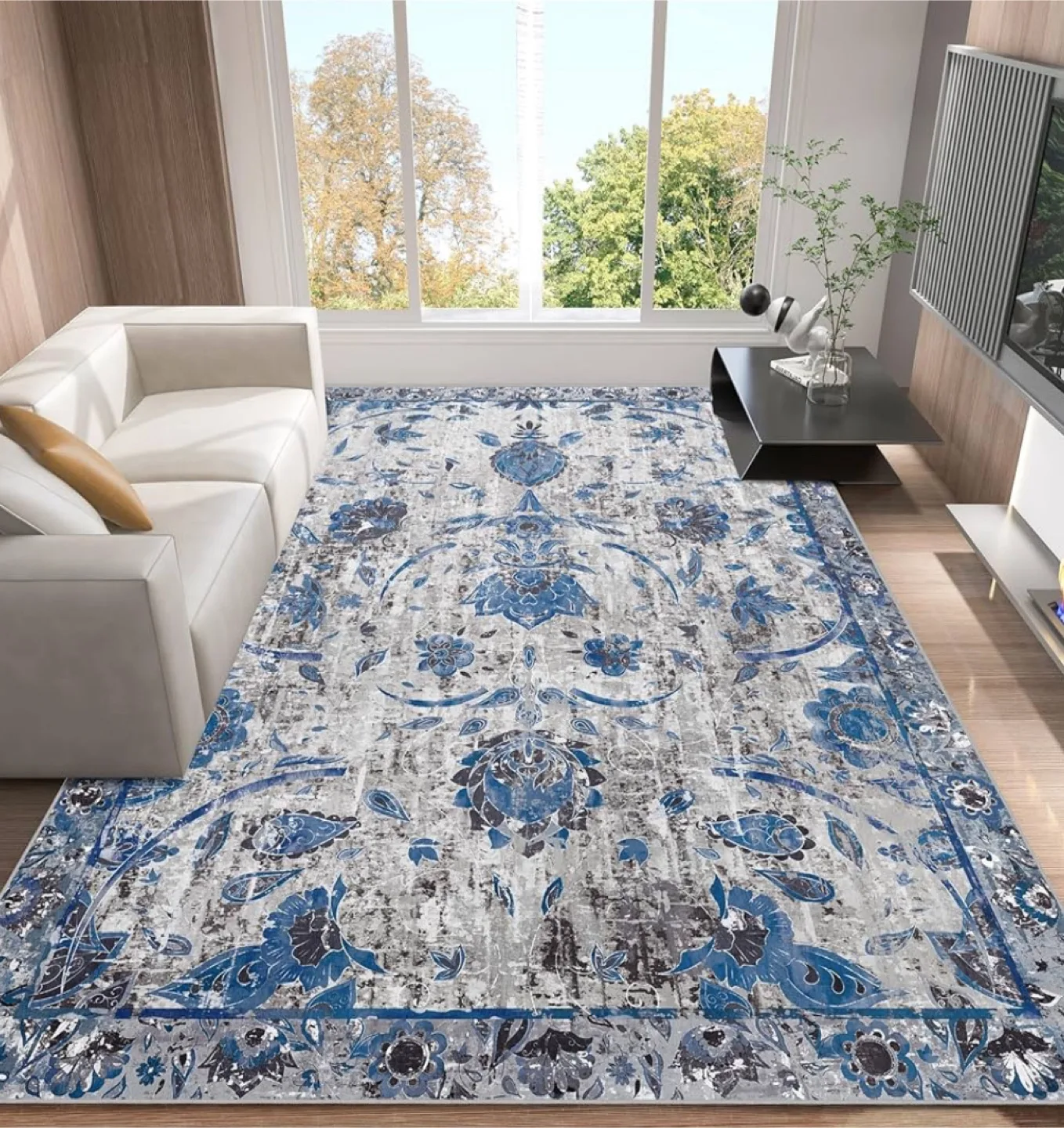 Area Rug, 8x10, Blue Floral/Gray thumbnail