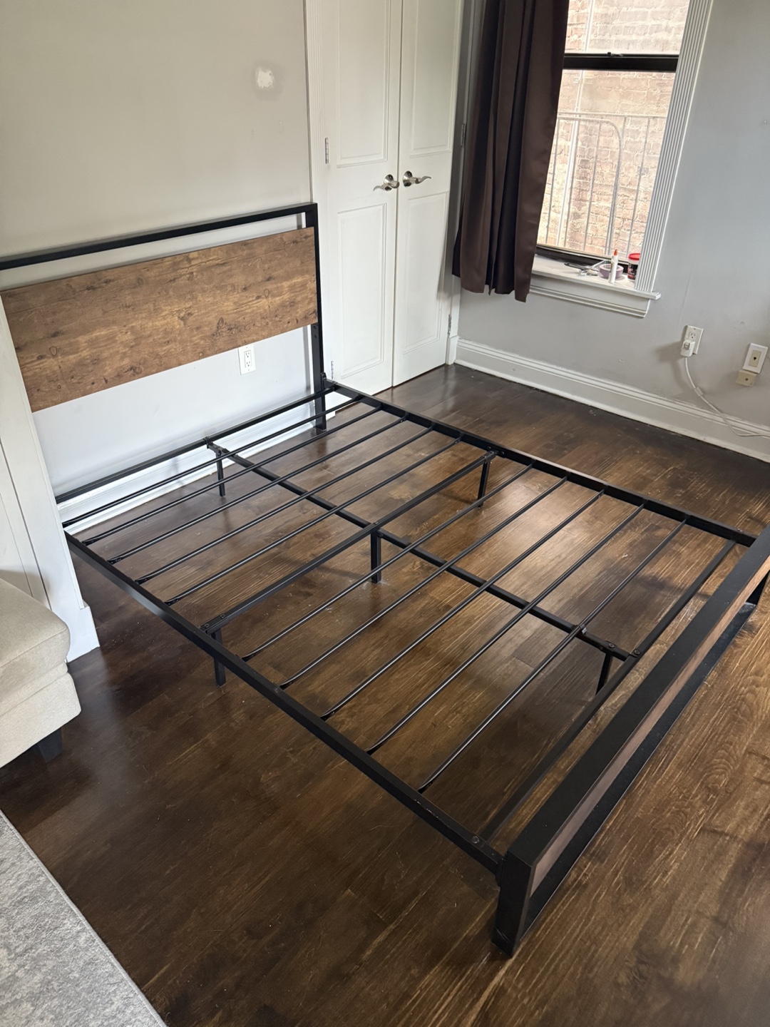 Metal Bed Frame with Wood Headboard