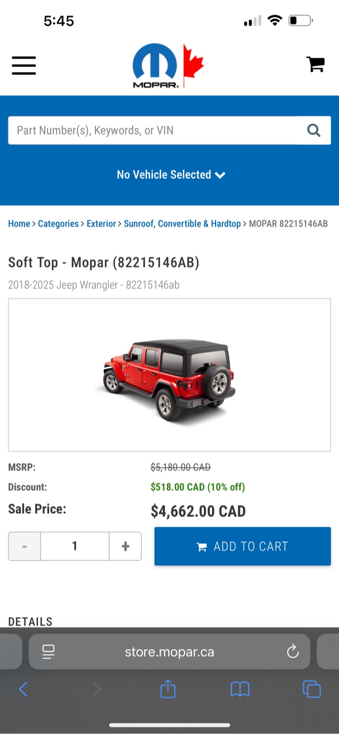 Mopar 82215146AB Soft Top for Jeep Wrangler (2018-2025)