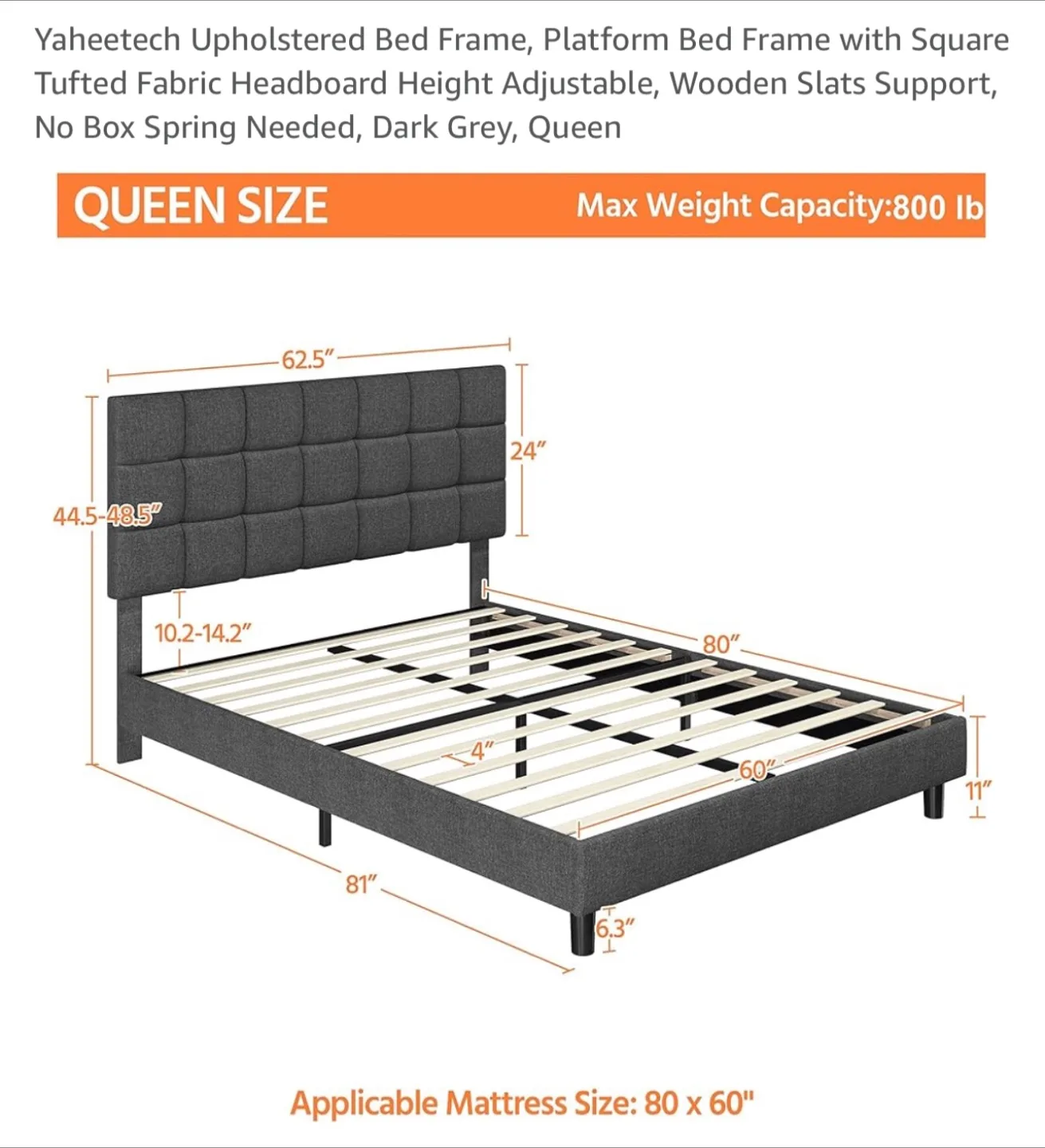 Queen Size Yaheetech Upholstered Dark Grey Bed Frame image indicator(3)