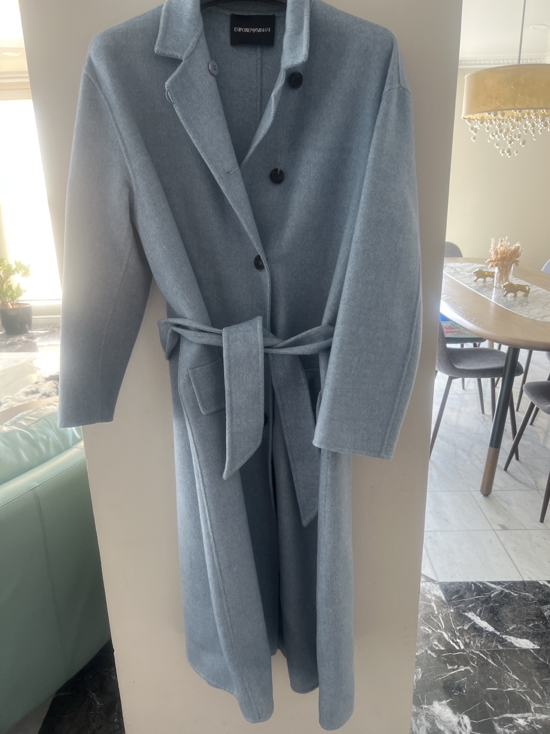 Emporio Armani Wool Blend Belted Coat - Light Blue
