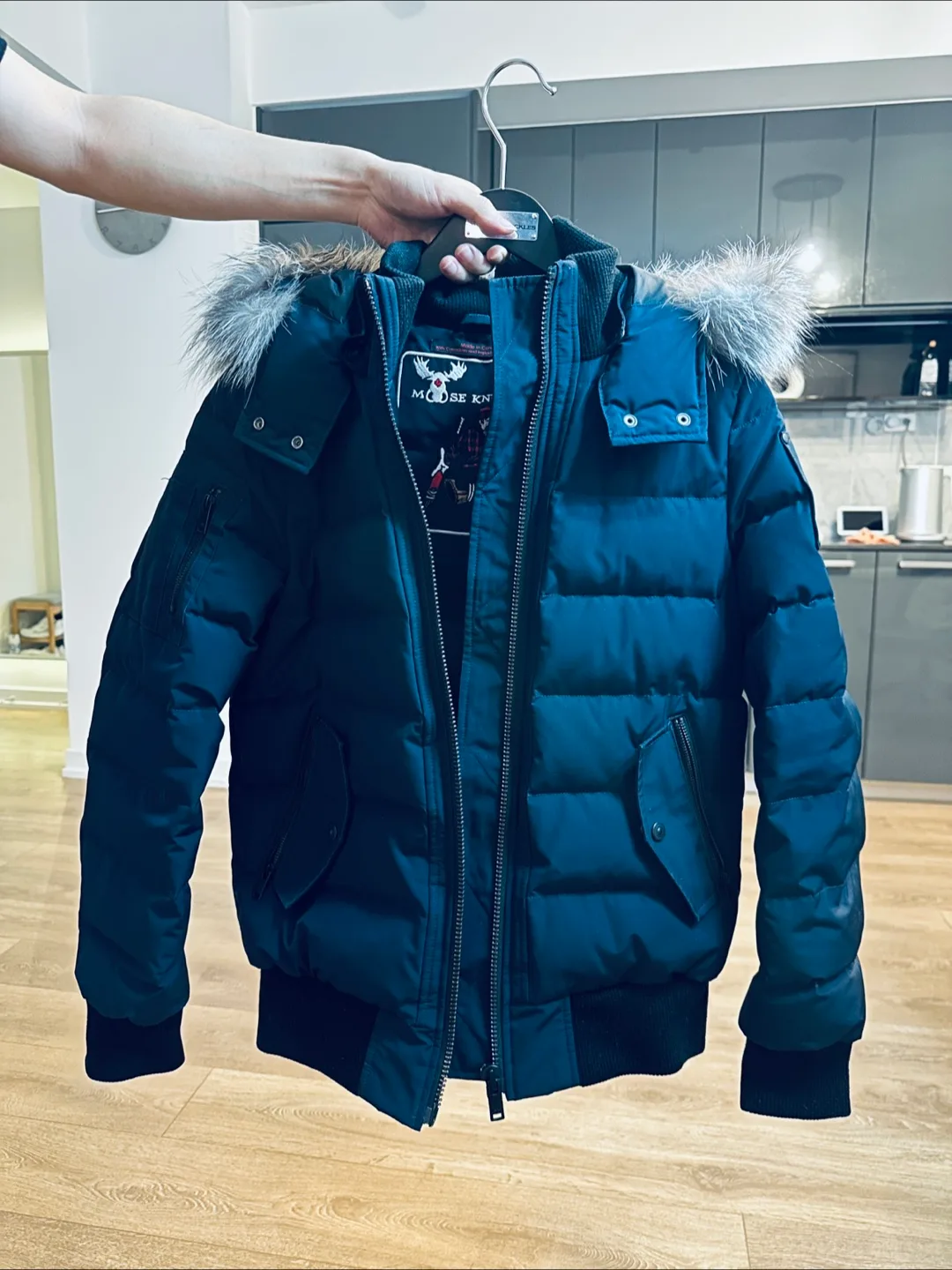 Moose Knuckles Women Navy Bomber Jacket, frosted fur thumbnail