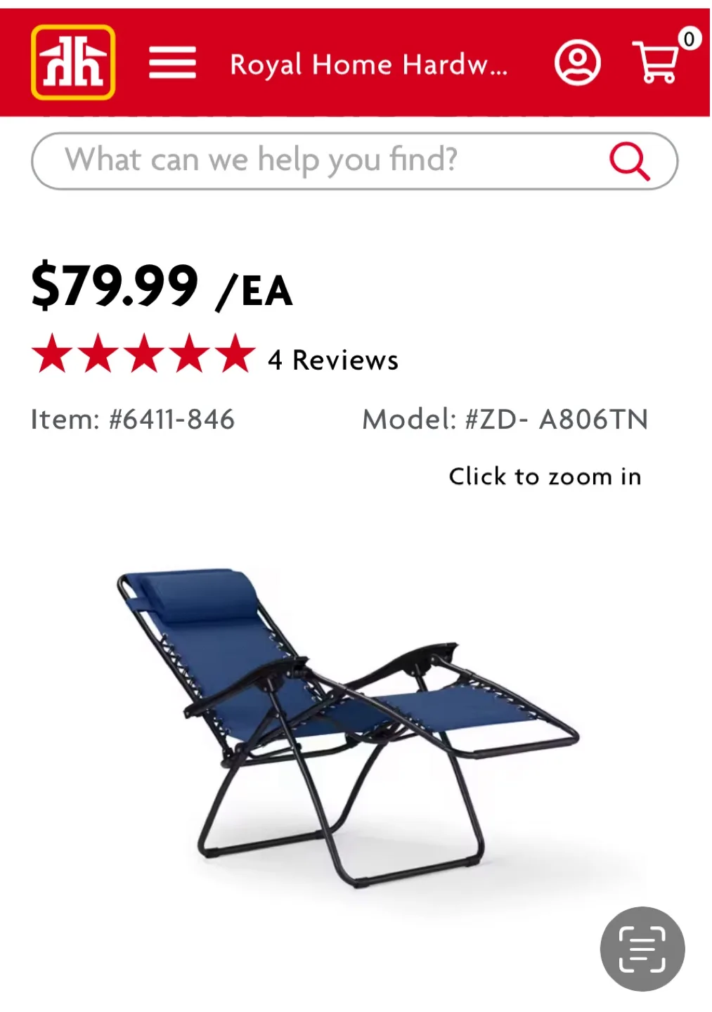 Royal Home Hardware Zero Gravity Lounge Chair - Blue thumbnail