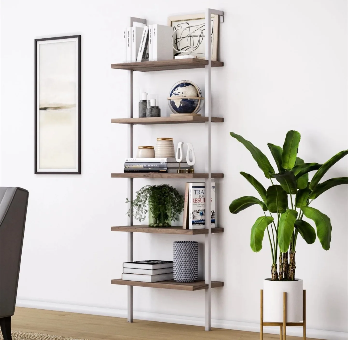 5-Shelf Ladder Bookshelf - Brown/White (wall mounted) image indicator(3)