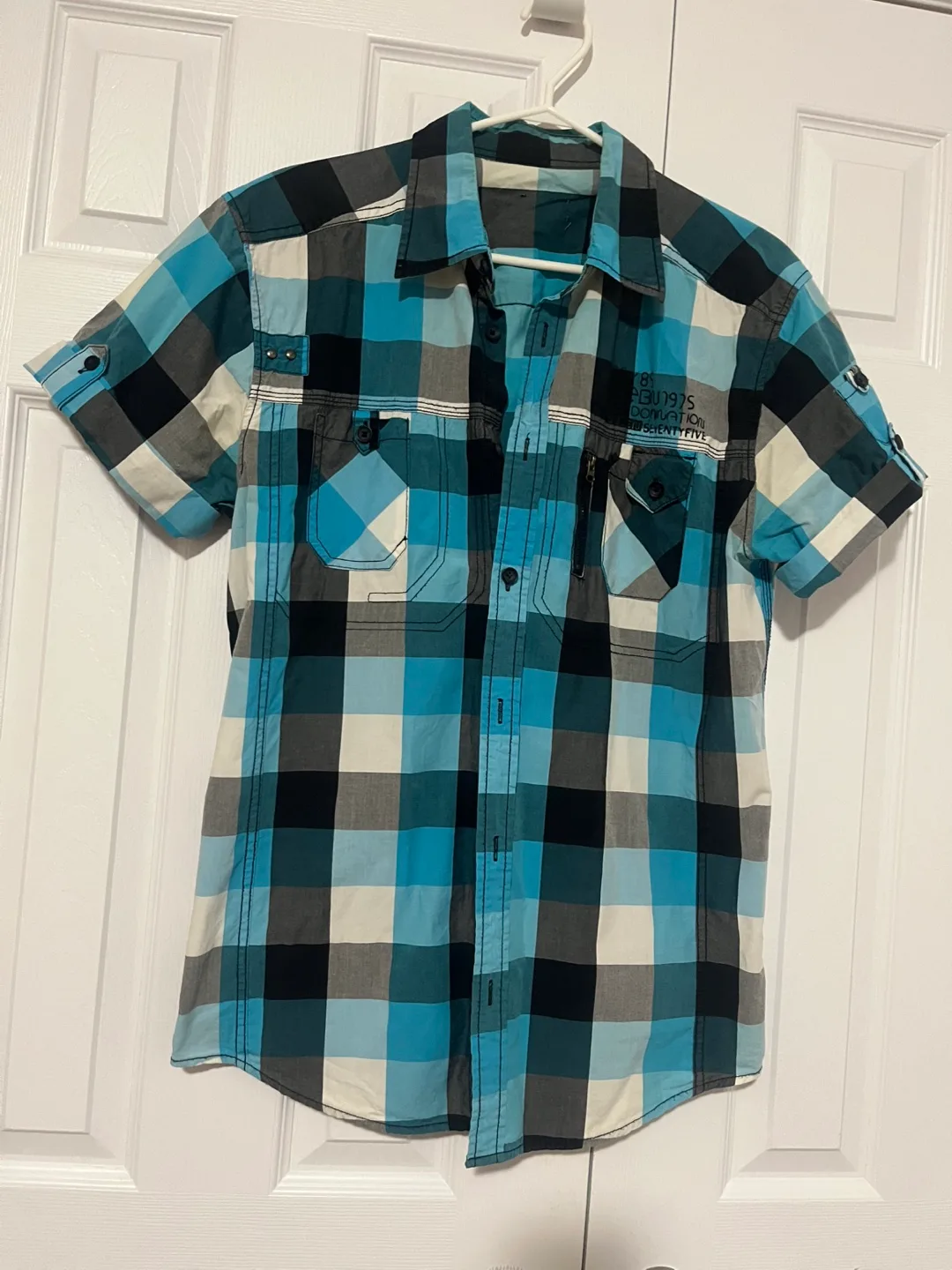 Blue plaid shirt size medium thumbnail
