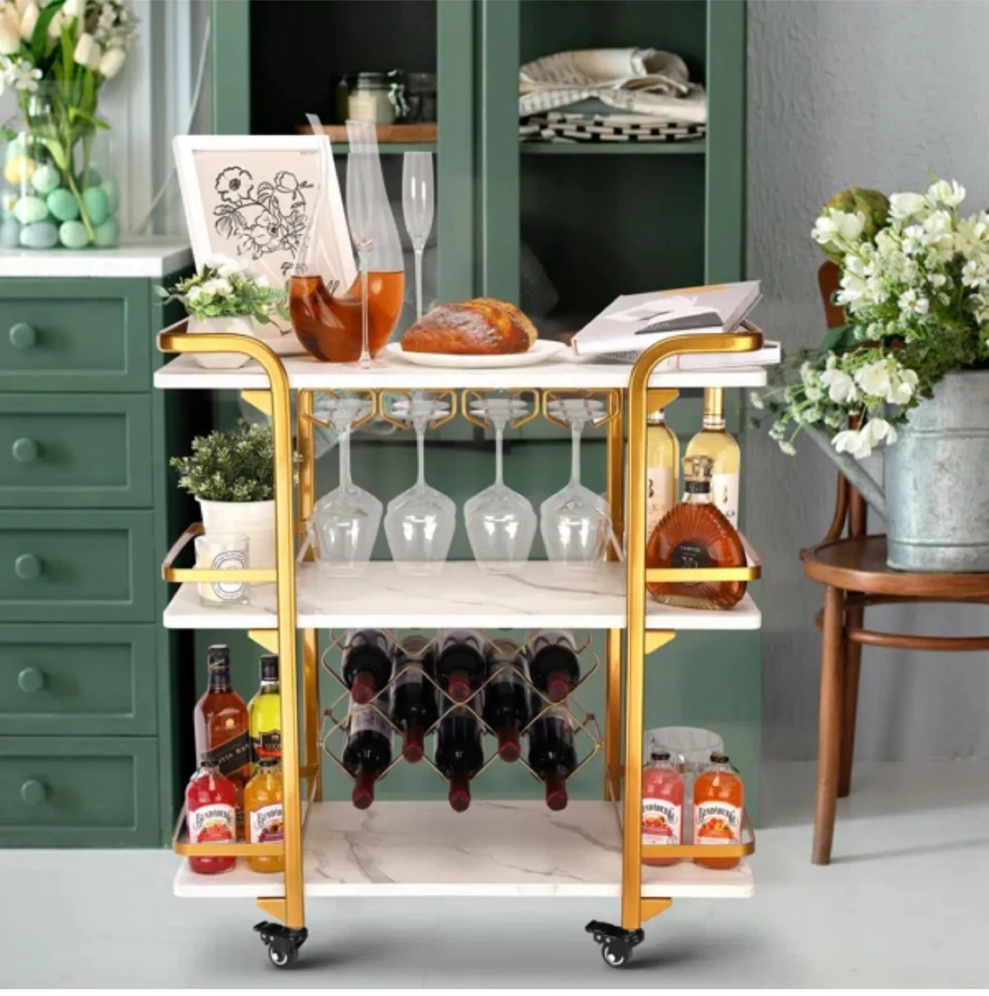 Gold & Marble Bar Cart with Wine Rack thumbnail