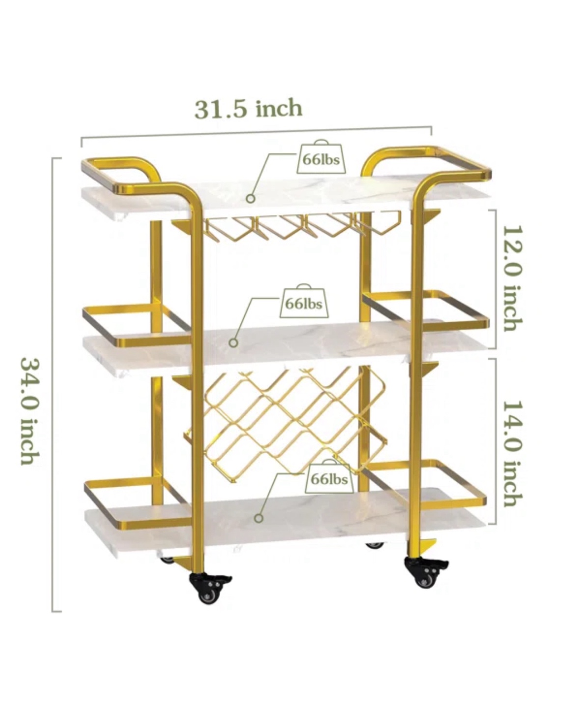 Gold & Marble Bar Cart with Wine Rack - photo 5