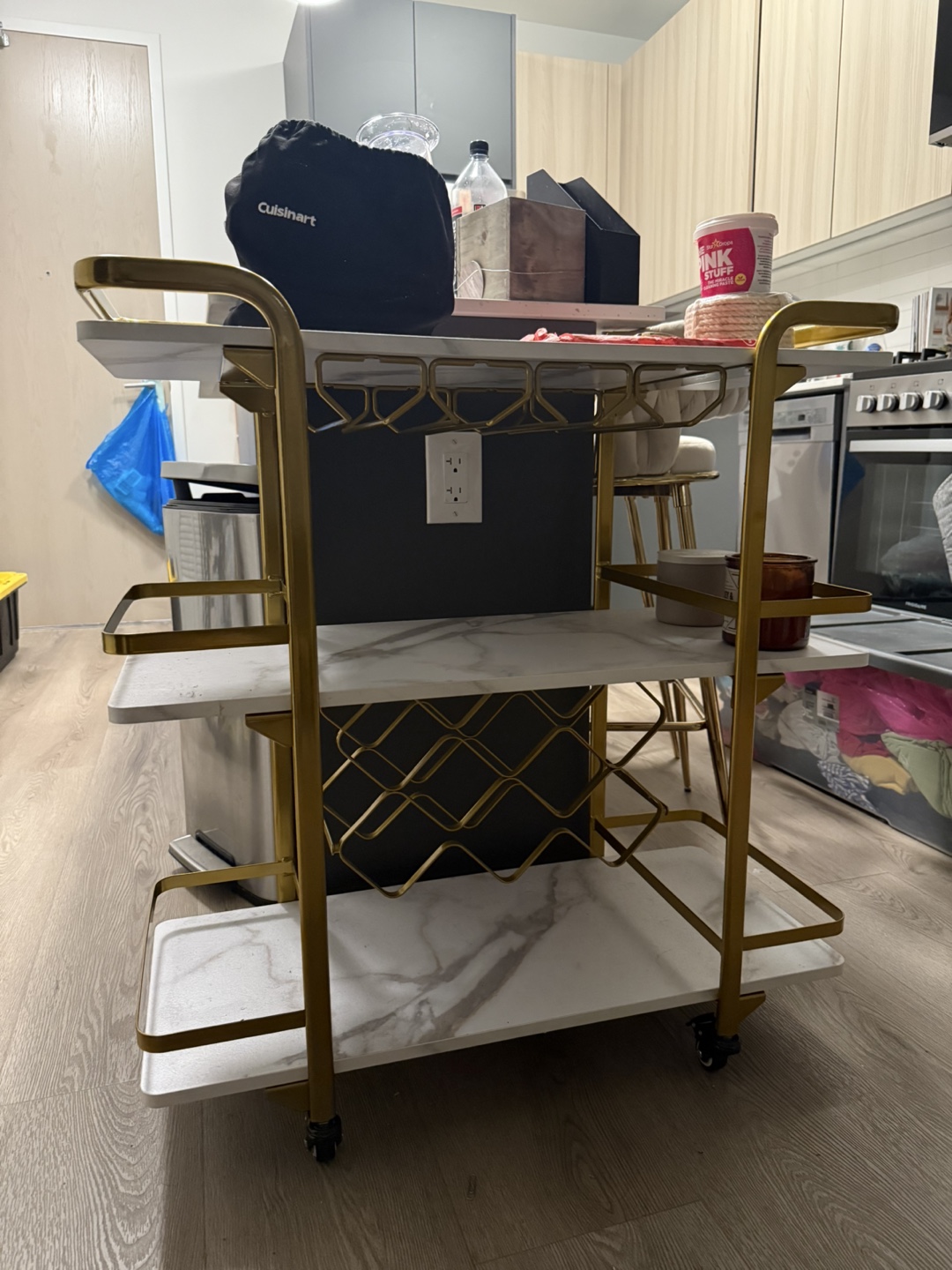 Gold & Marble Bar Cart with Wine Rack - photo 3