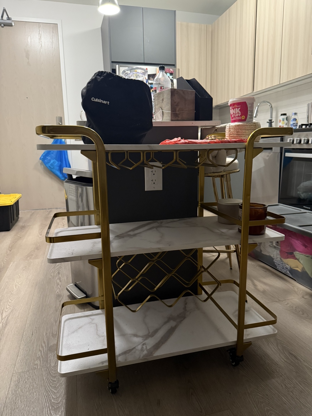 Gold & Marble Bar Cart with Wine Rack - photo 2
