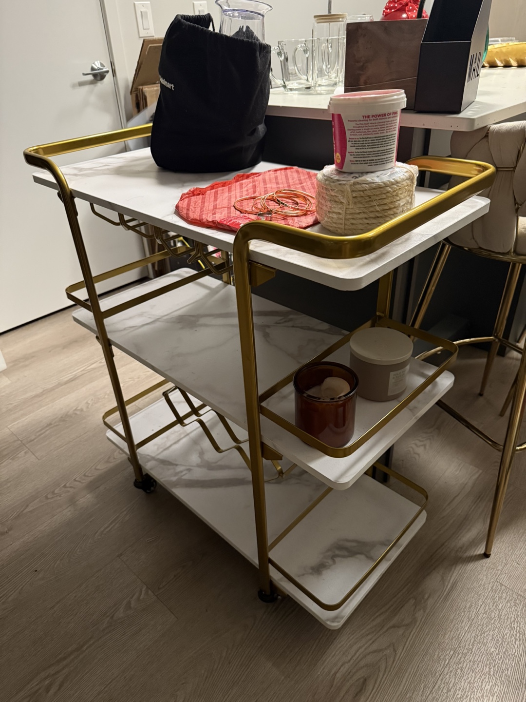 Gold & Marble Bar Cart with Wine Rack - photo 4