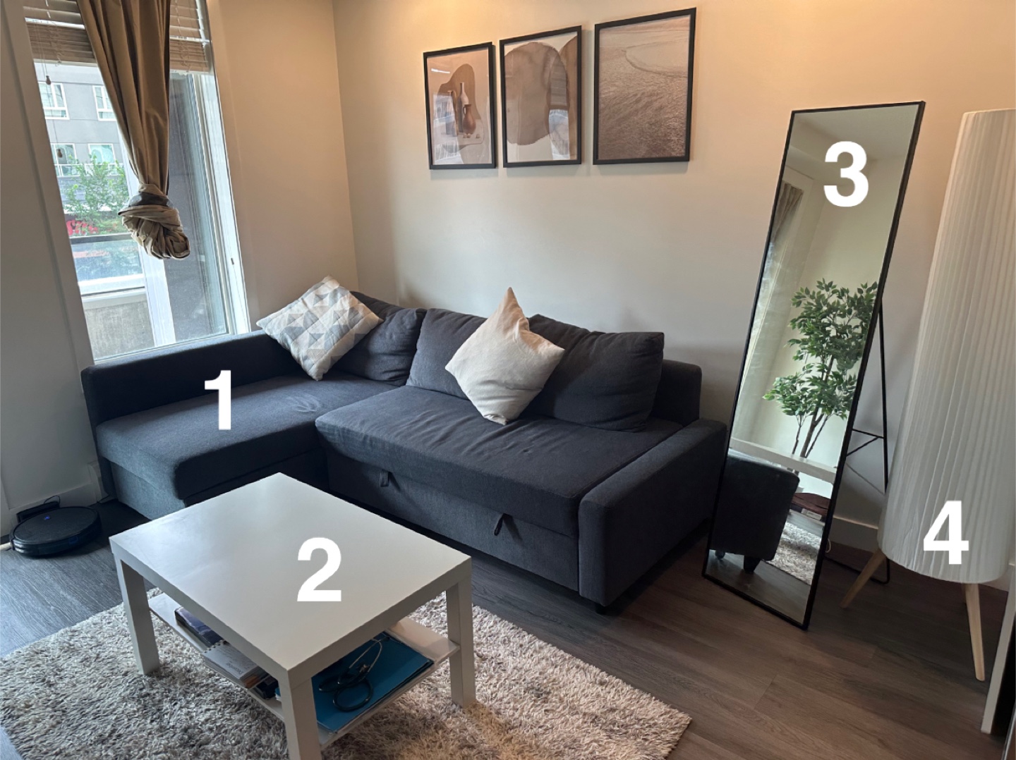 IKEA Sofa, White Coffee Table, Standing Mirror, Lamp