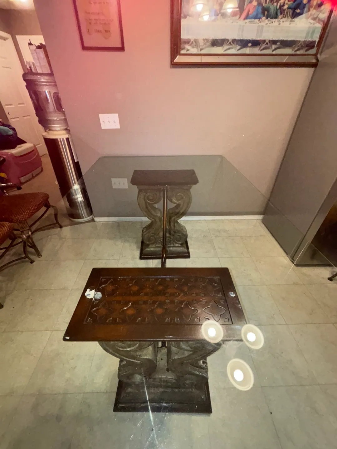 Glass Top Dining Table with Ornate Base with 6 chairs. thumbnail