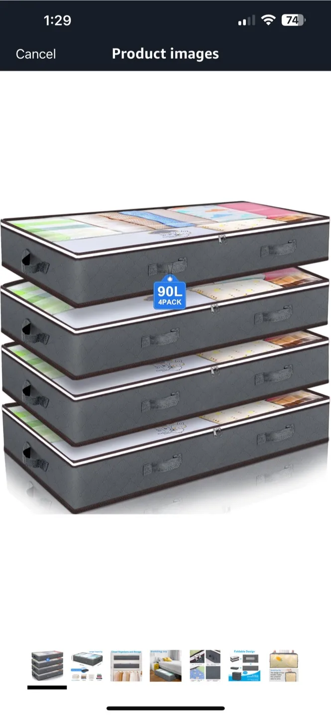 New 90L Under Bed Storage Bag (Grey, 4-Pack) thumbnail