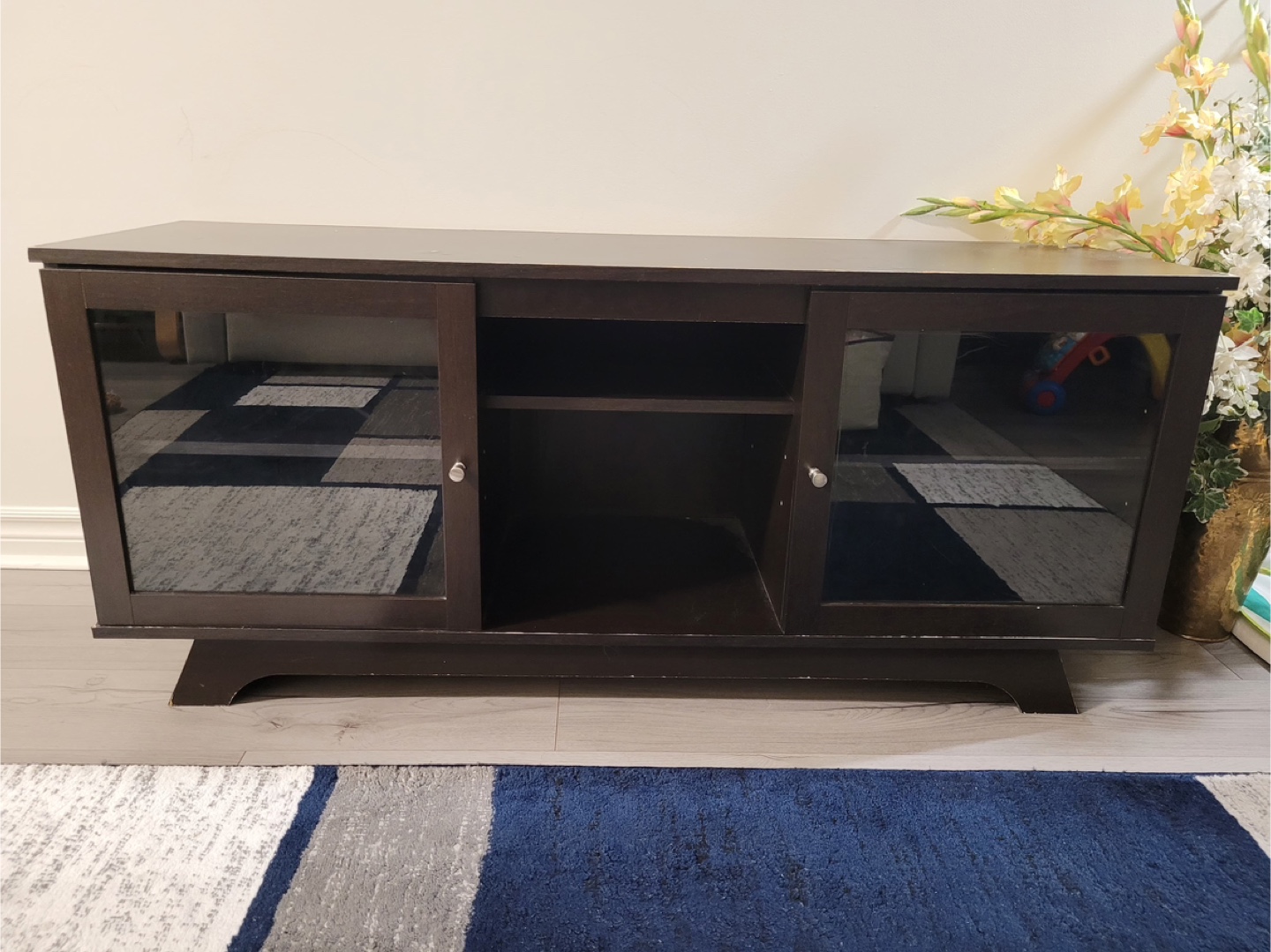Dark Brown TV Stand with Glass Doors