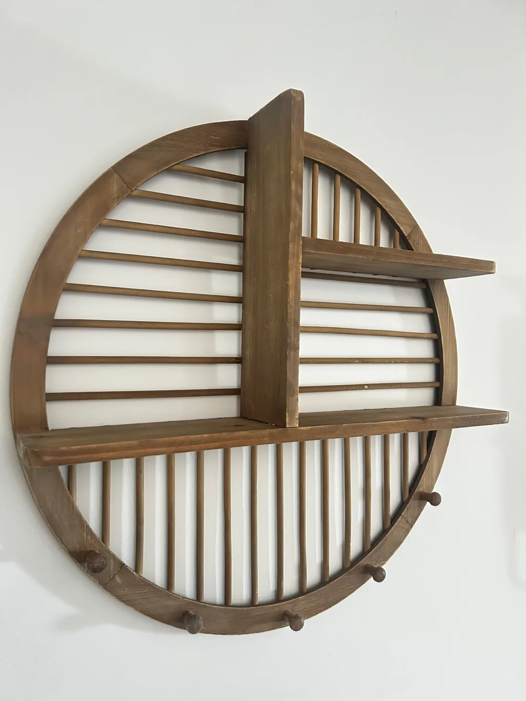 Round Wooden Wall Shelf with Hooks image indicator(4)