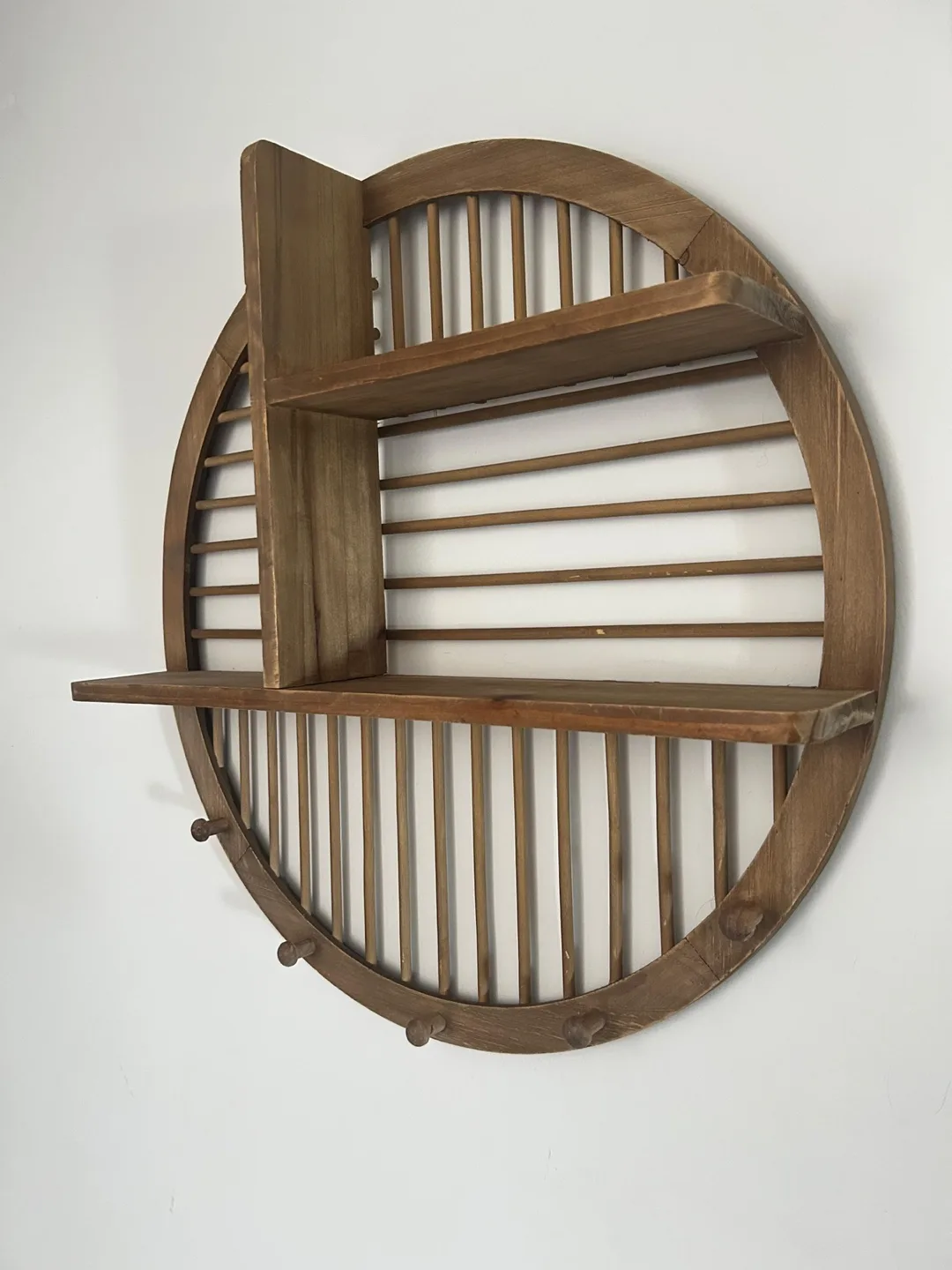 Round Wooden Wall Shelf with Hooks image indicator(3)