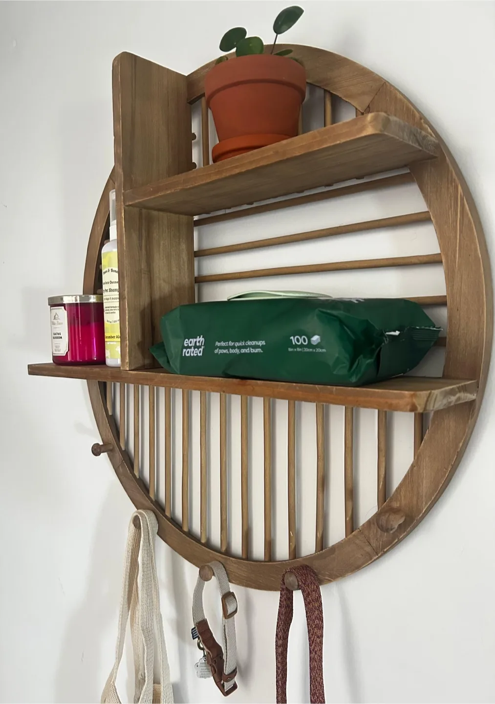 Round Wooden Wall Shelf with Hooks image indicator(2)