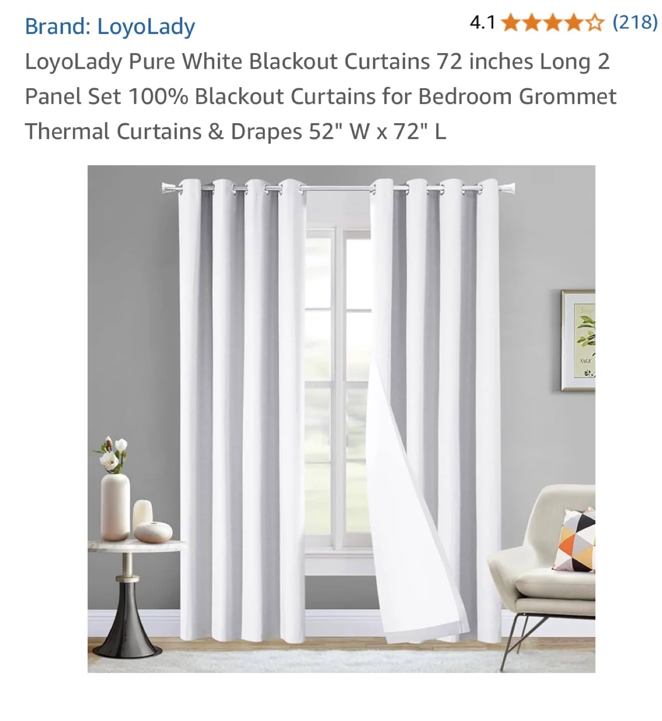 LoyoLady Pure White Blackout Curtains, 72" Long, Set of 2 thumbnail