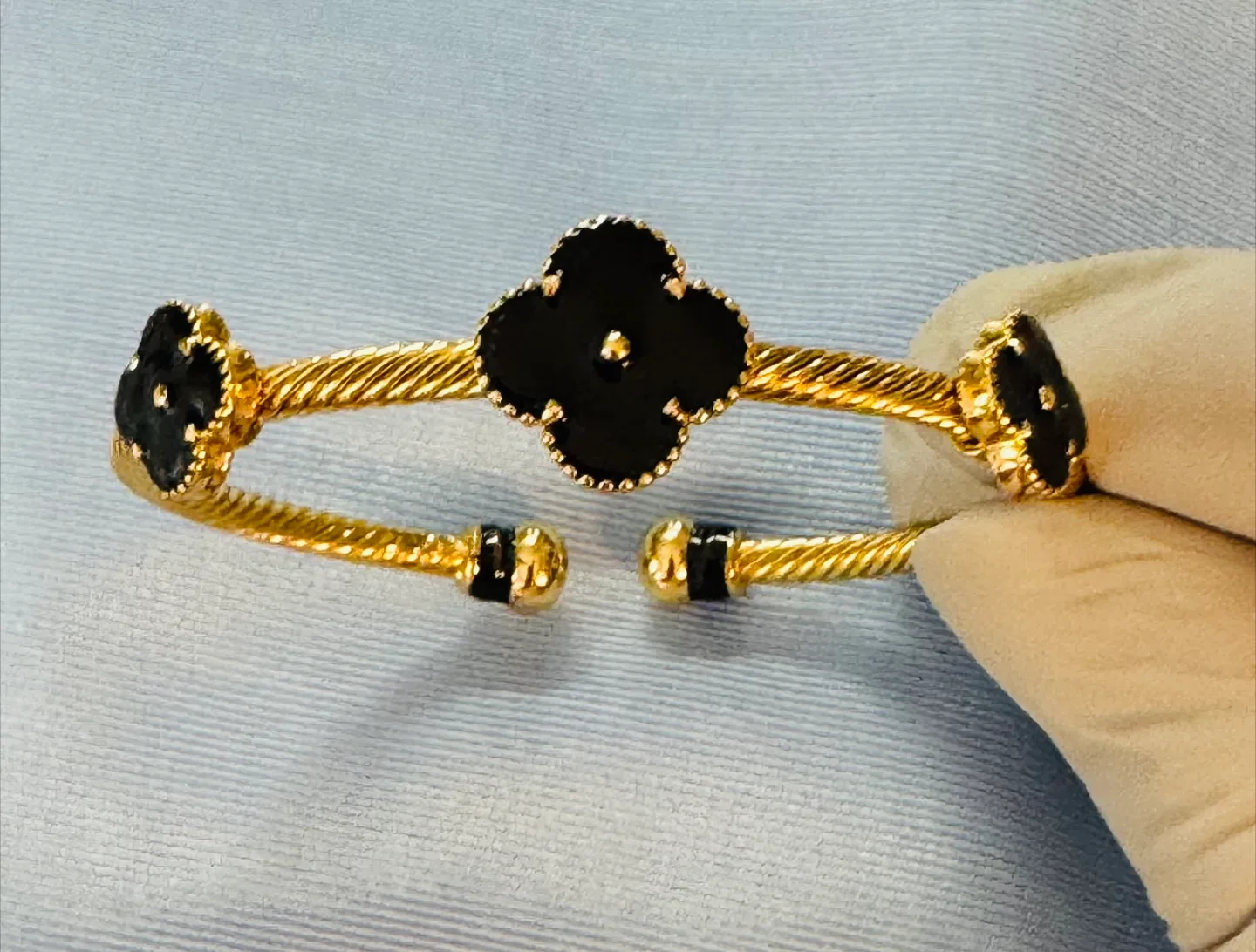 Clover Bangle Cuff 14K plated Twist Rope Black Onyx Enameled thumbnail