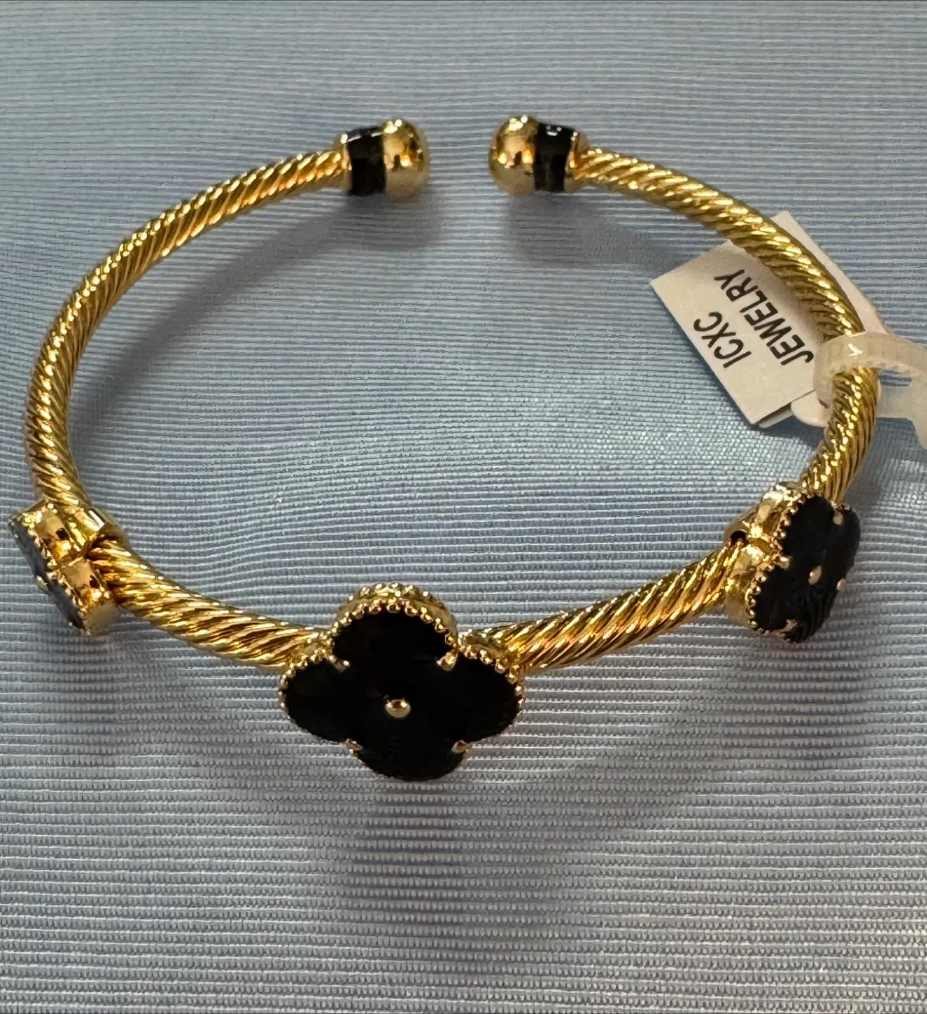 Clover Bangle Cuff 14K plated Twist Rope Black Onyx Enameled image indicator(3)