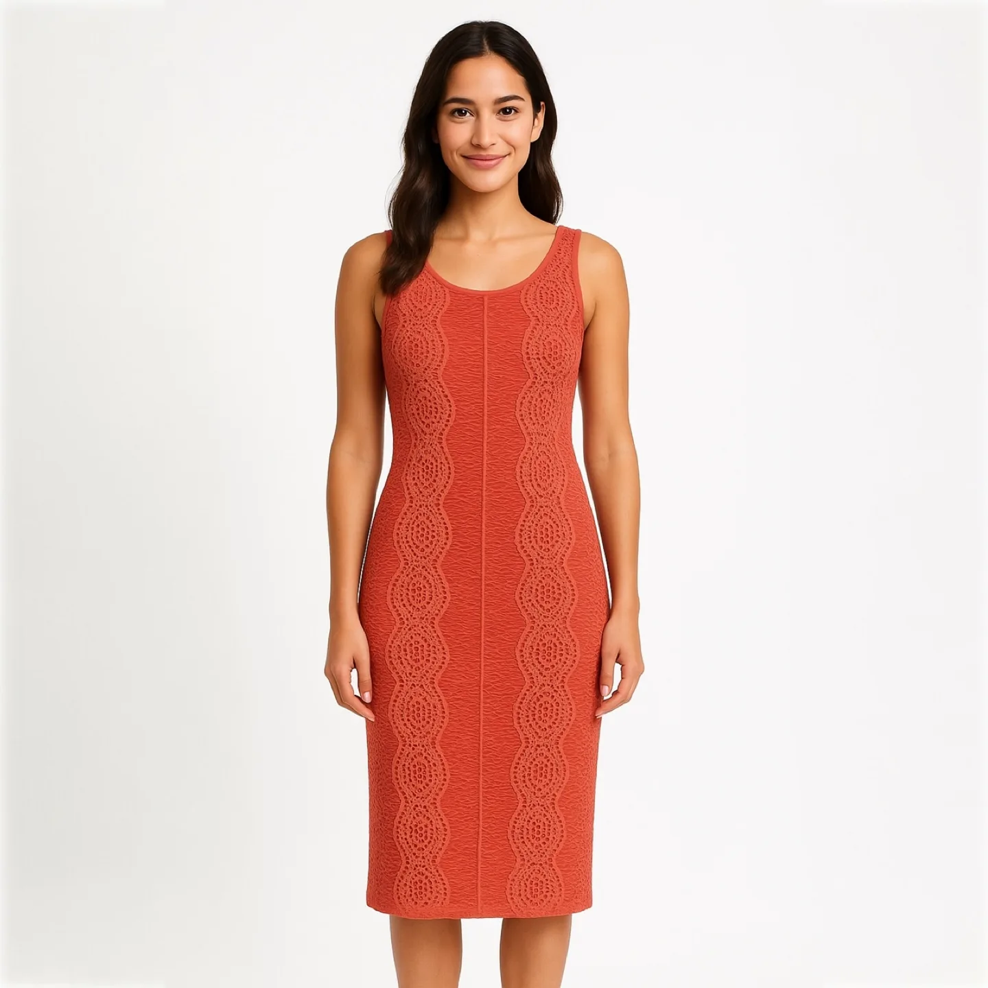 Bebe Vintage Crochet Bodycon Dress in Coral thumbnail
