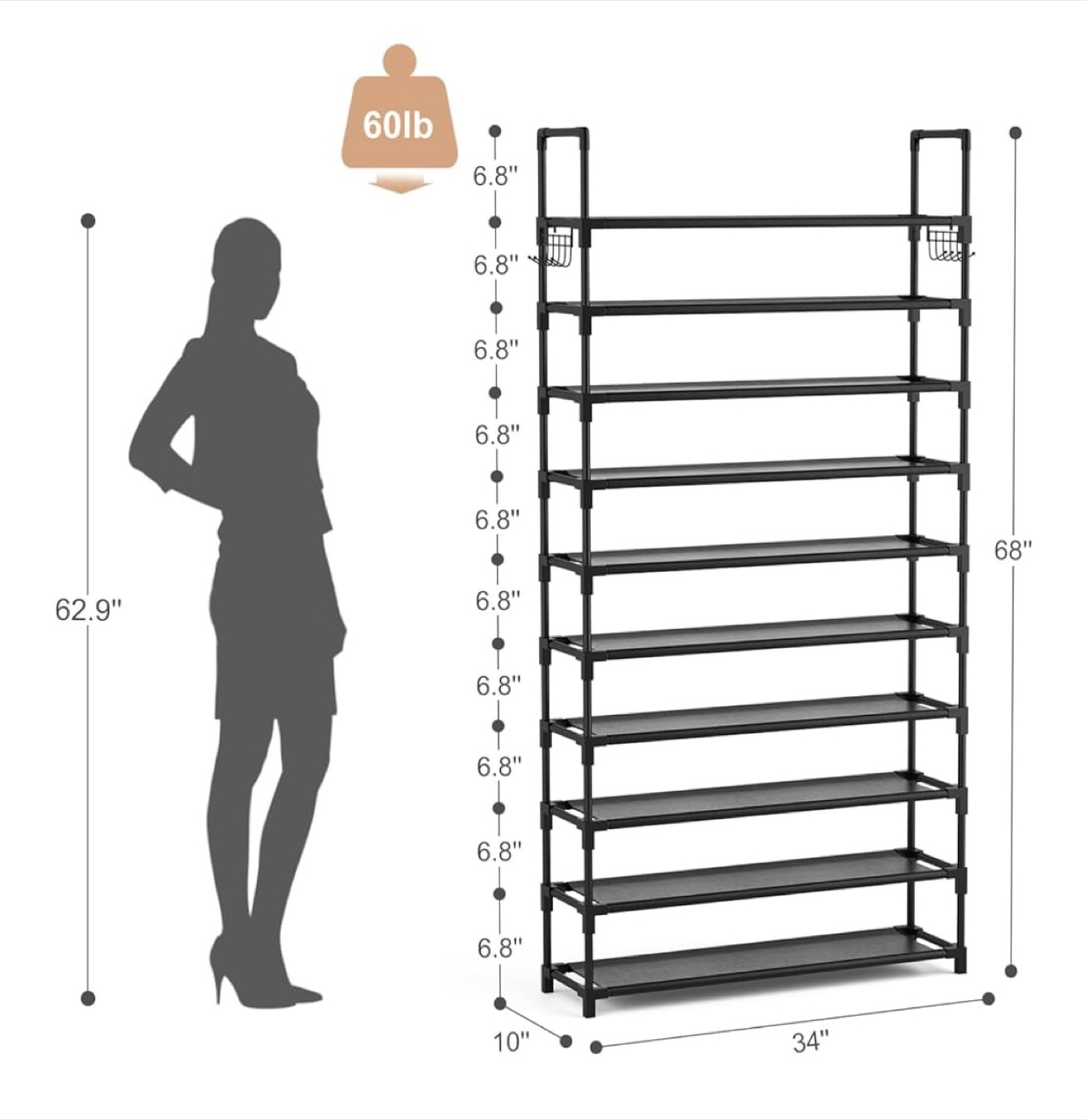 10-Tier Shoe Rack Organizer, Black - photo 3