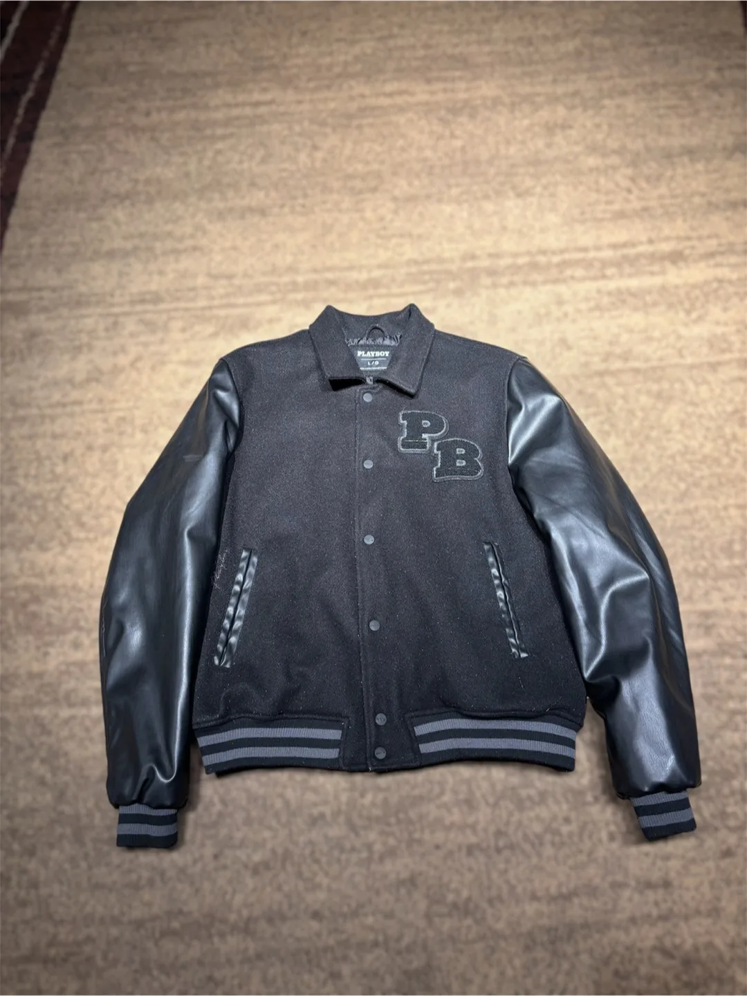 Playboy Varsity Bomber Jacket Men’s Large Black & Leather thumbnail