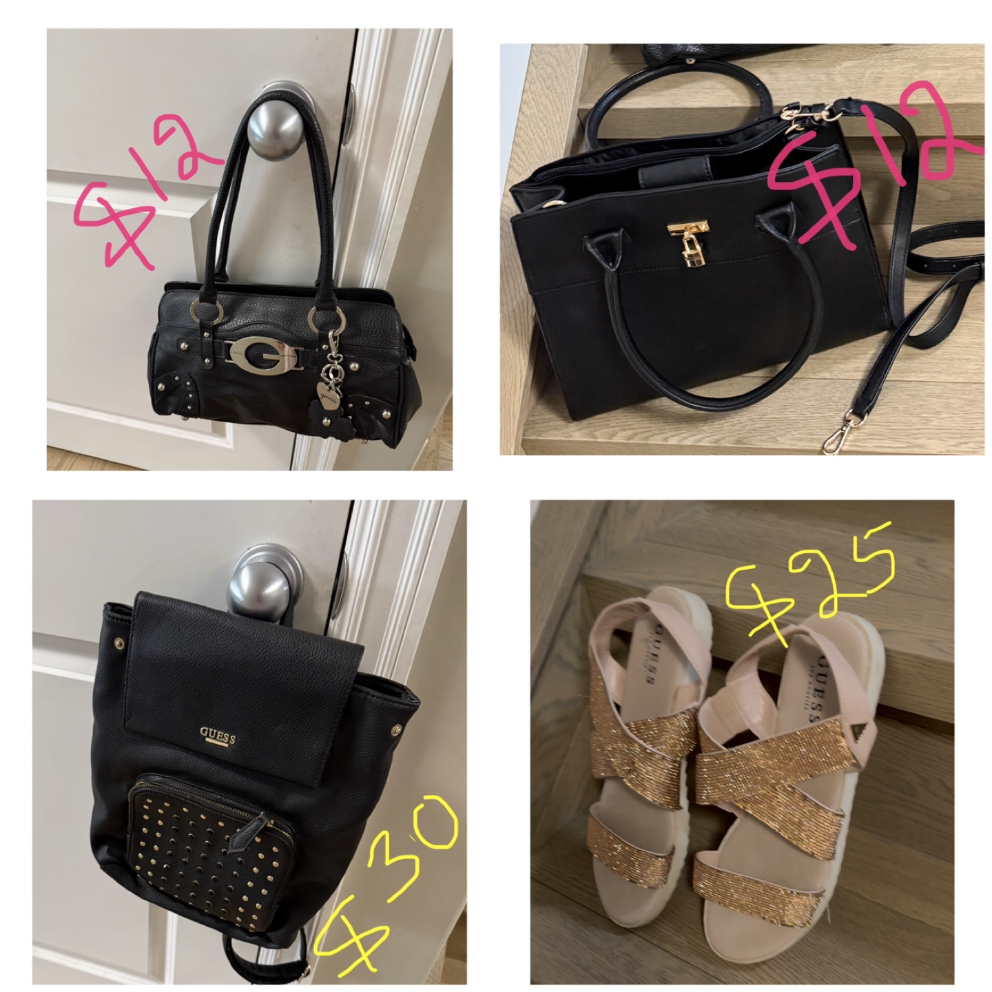 Guess Black Handbag, Backpack, & Sandals