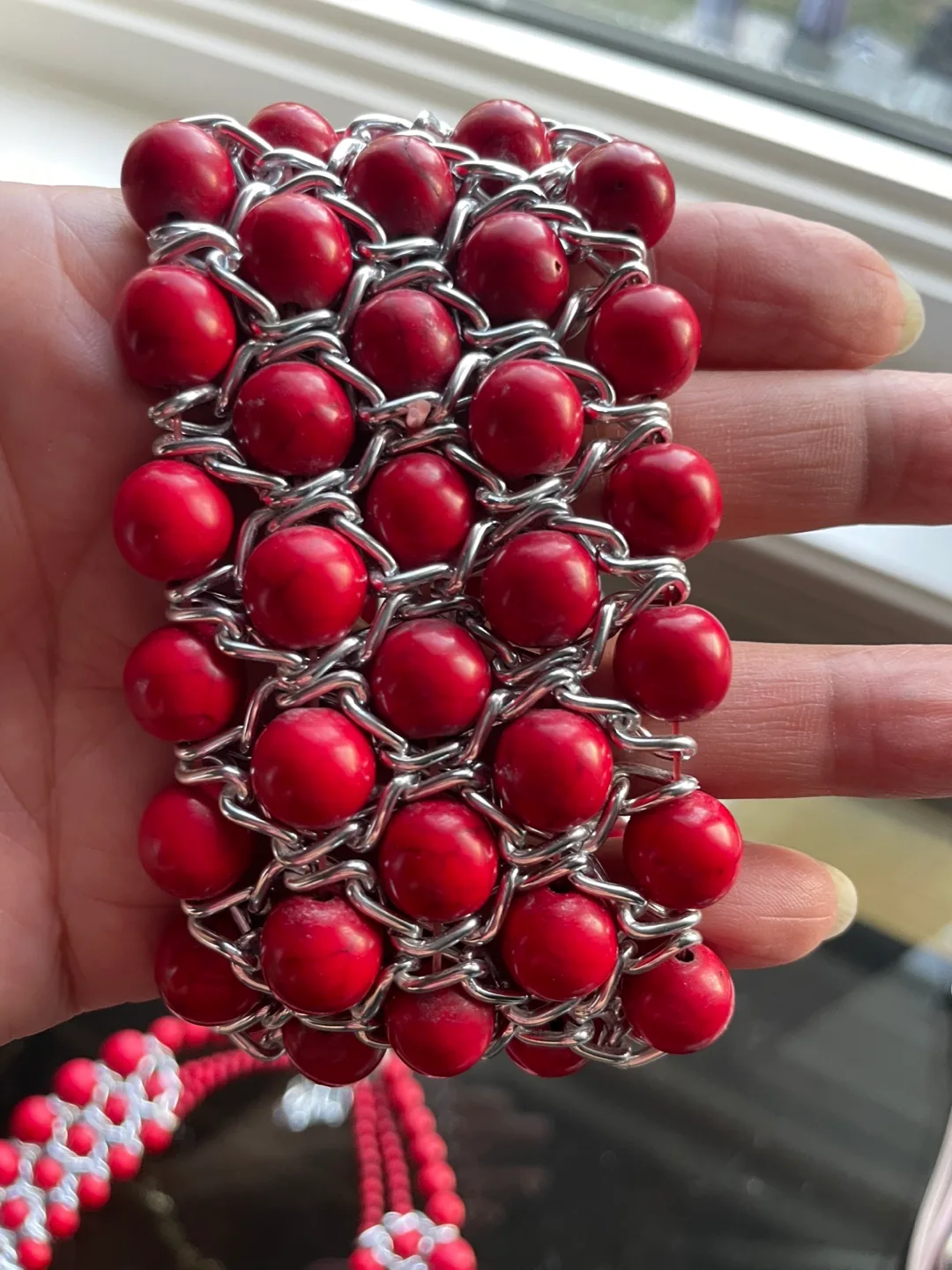 Red Beaded Chunky Necklace  and Bracelet set image indicator(2)