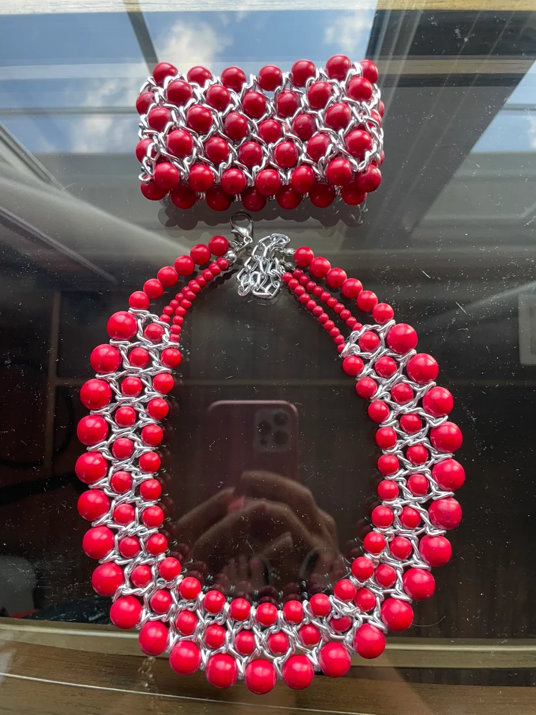 Red Beaded Chunky Necklace  and Bracelet set thumbnail