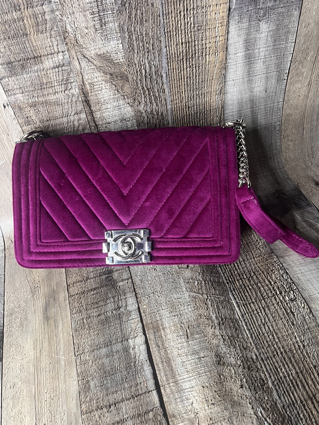 CC Purple Velvet Chevron Shoulder Bag