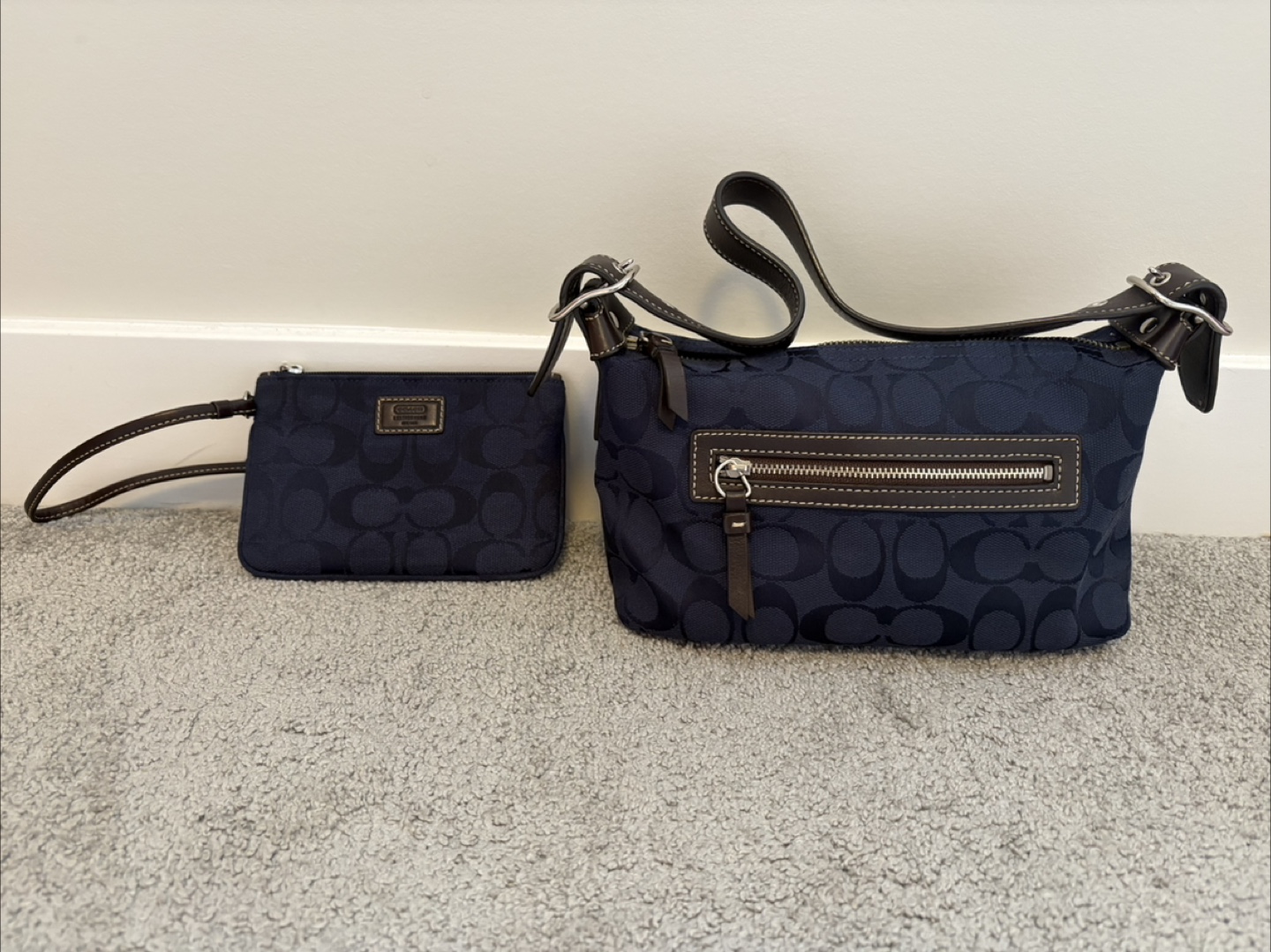 Coach Navy Blue Signature Handbag and Wristlet
