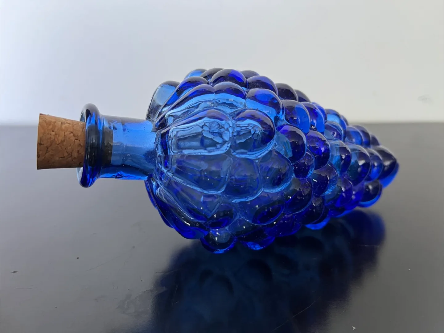 Vintage Blue Glass Grape Small Bottle with Cork thumbnail