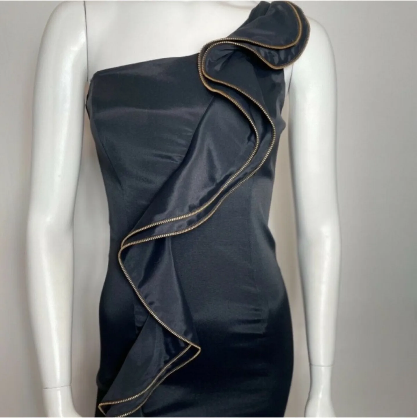 CACHE One Shoulder Zipper Detail Ruffle Black Satin Mini Dress thumbnail