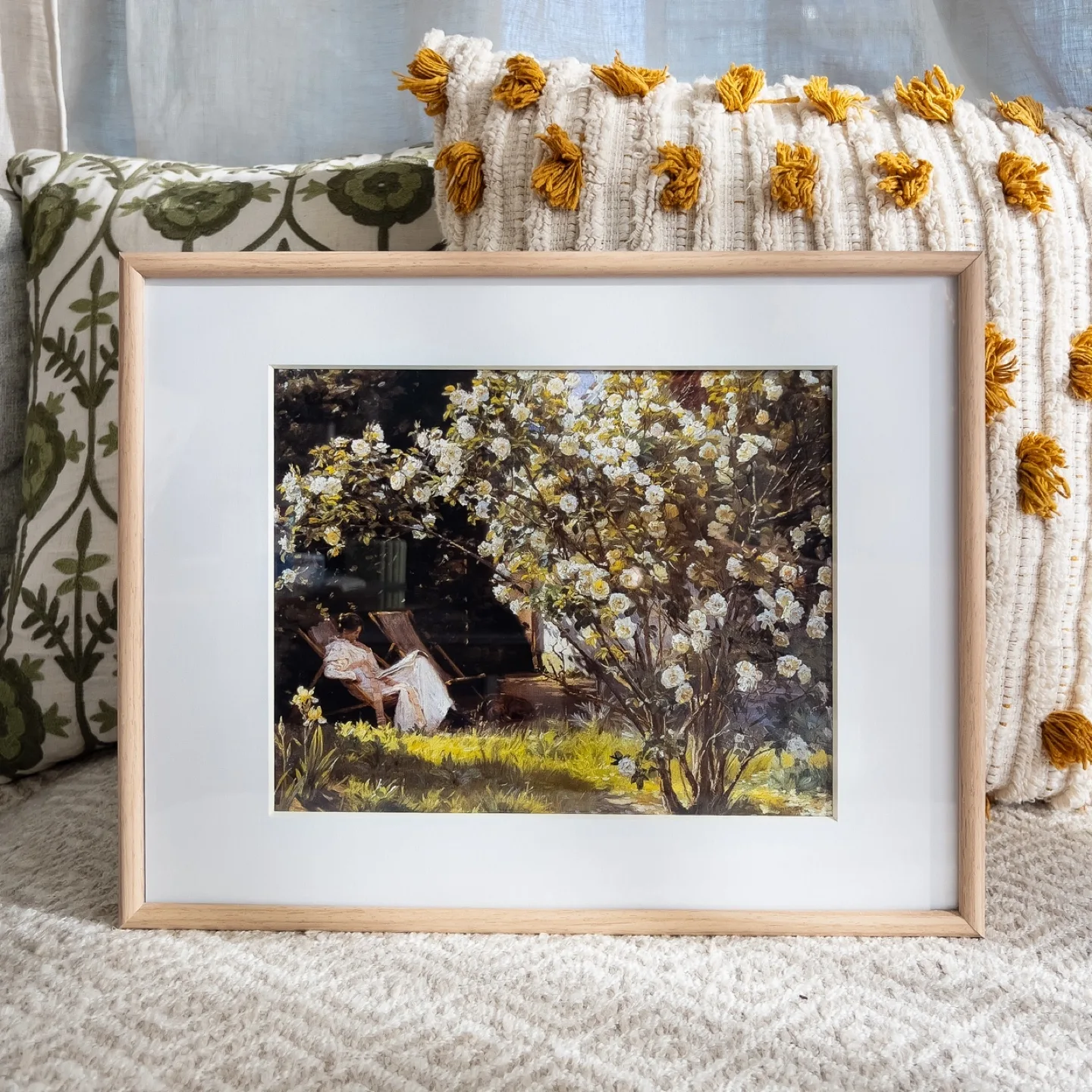 Reading in the Garden Framed  Vintage Art Print - New thumbnail