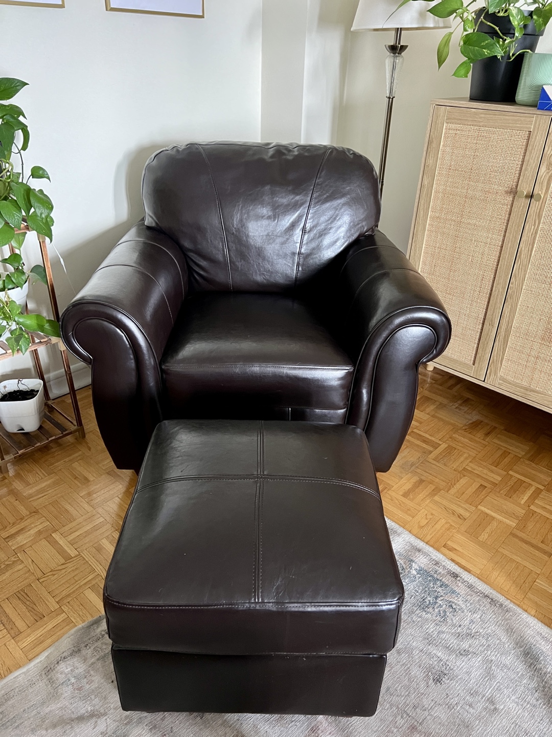 Brown Pleather Armchair & Ottoman Set