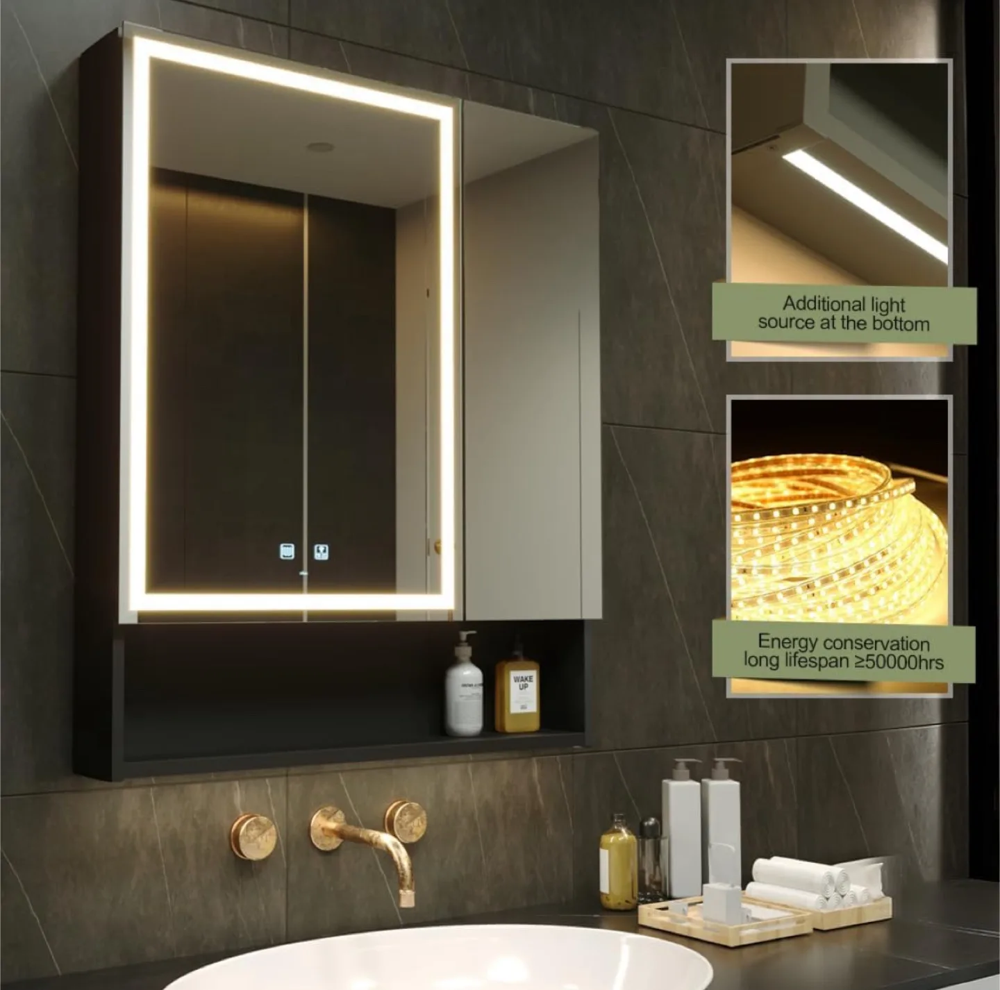 LED Medicine Mirror Cabinet 30”X34” with Sockets & USBs, Anti-Fo thumbnail